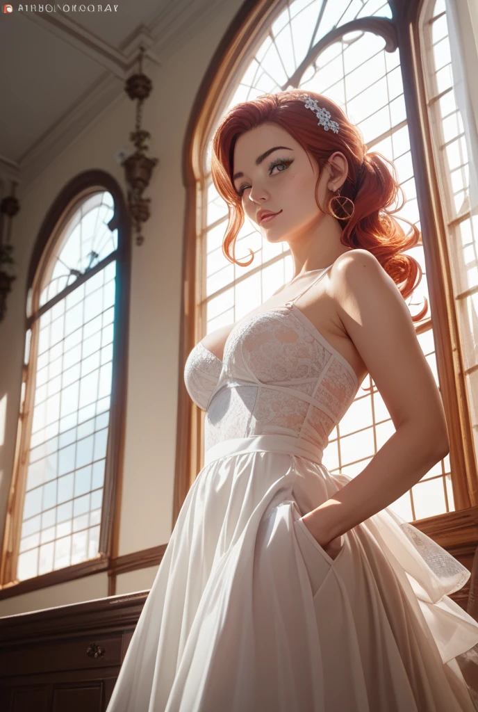 HD,sexy triss, ponytail,wedding dress, bent over, cleavage, ass view