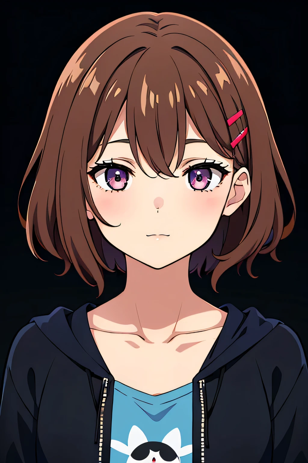 (high-quality, breathtaking),(expressive eyes, perfect face) 1girl, female, solo, young adult, brown hair color, pink eye color, soft wavy curley hair, short hair length, elegant, relaxed, calm expression, black hooded jacket, dark blue shirt, modern clothing, stylized clothing, accessories, hairclip, Symmetrical Eyes, portrait, headshot, dark blue and black background, Madoka Higuchi character, narrow eyes, cute smile