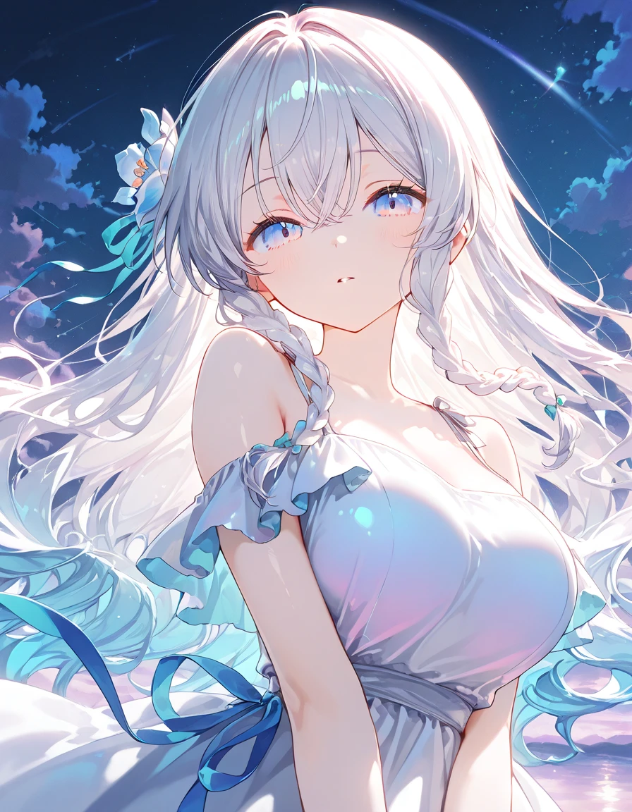 ((Highest quality)), ((masterpiece)), (detailed), One girl, high school student、、Large Breasts、Walking、Gray Hair、ponytail、She is wearing a white dress with protruding shoulders、Shining Eyes、Beautiful light blue eyes、Smooth skin、Longer Hair、Touching hair、A starry sky、Vast flower garden