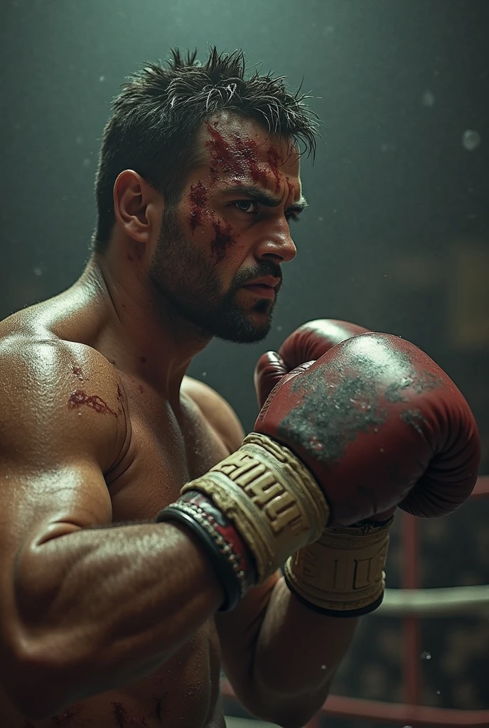 A boxer that just won a big figth locking up into he sky in the middle of the ring. Locking into the sky for his parents witch can’t see him win no more. He’s exhausted and worn out. Tears stream down his face but he’s still smiling.