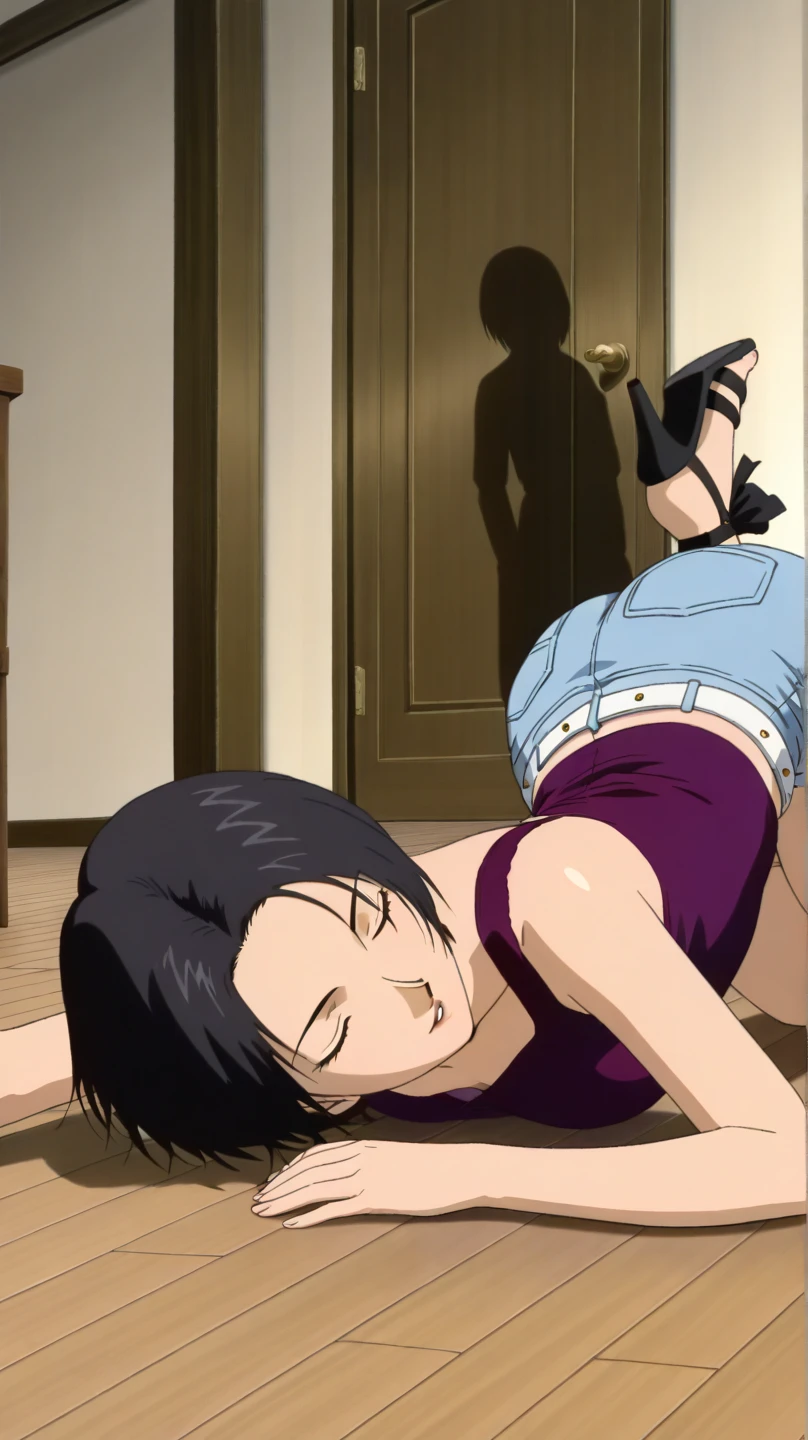 A beautiful woman in a shoulderless top, shorts, big breasts and long legs is bending over to pick up clothes, viewed from the side. 