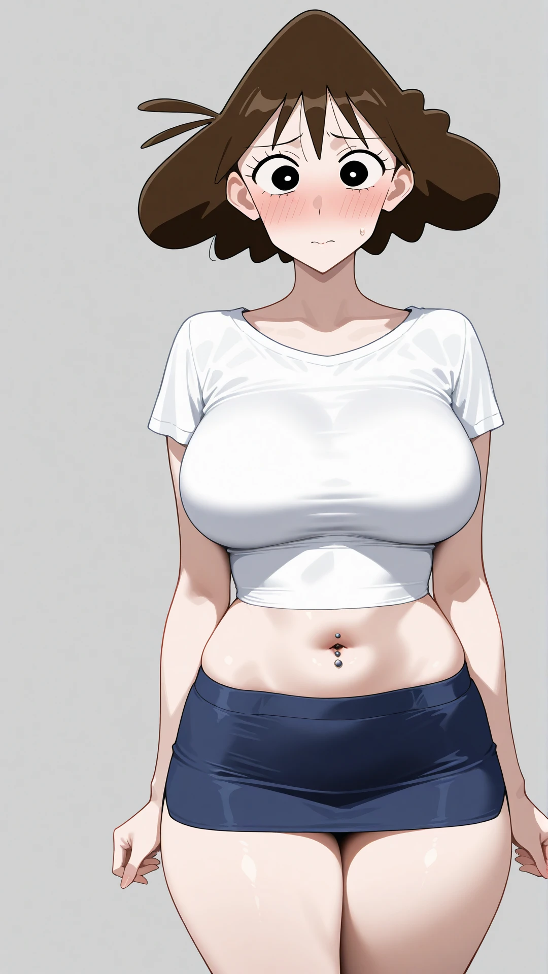 best quality, 4k, ((masterpiece)), extremely detailed, 8k, trending on ArtStation, Intricate, High Detail, Sharp focus, mstwng <lora:mstwng:0.8>, 1girl, solo, cowboy shot, (shirt, t-shirt), white background, (simple background), highleg, bikini bottom, thick thighs, wide hips, blush, embarrassed