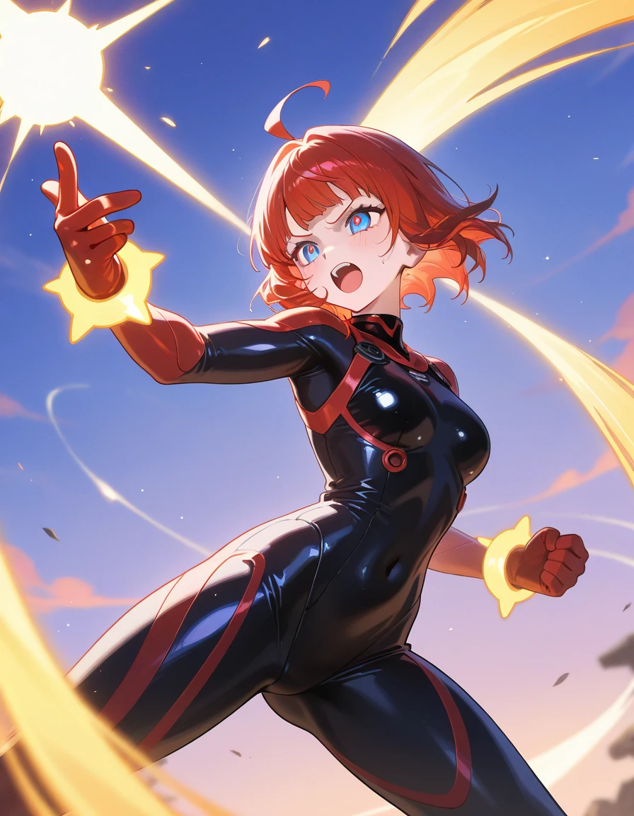 1girl,solo,super detailed skin,shiny skin,wet skin,expressionless ,open mouth,scream,eyelashes,lips gloss,red hair,bob hair,short hair ,large breasts ,bodysuit ,boots,fire punch,night ruins,masterpiece,best quality,ultra detailed,high resolution,sharp focus,depth of field