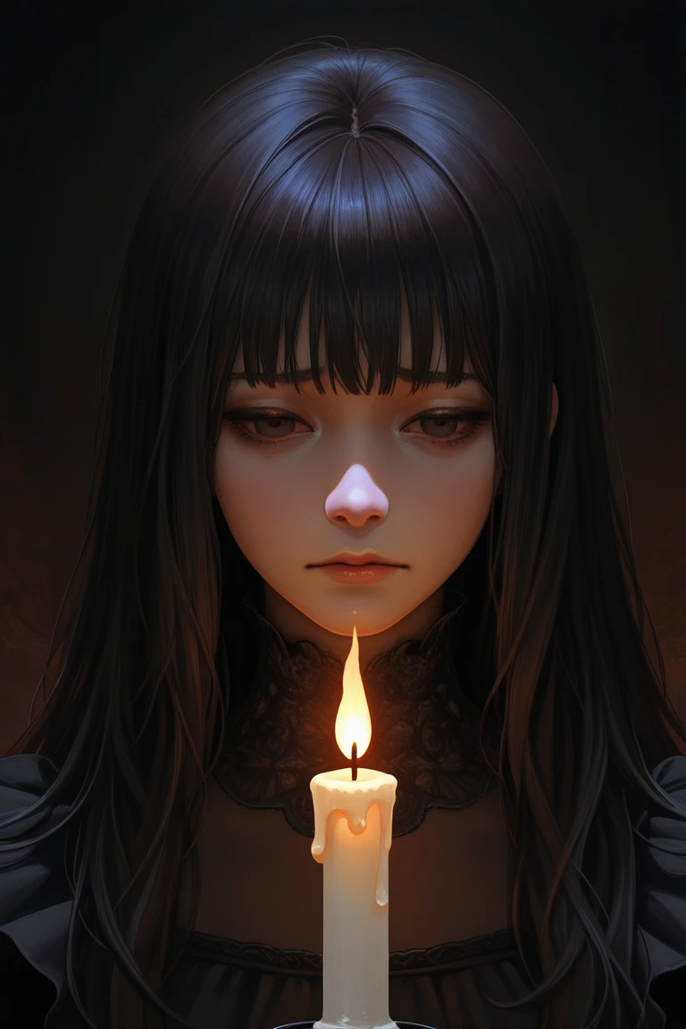 a photo of the statue of the personification of grief covered with candles and hot wax, covering the face with its hands, black tears dripping from the cheeks, the whole statue is covered in dense cobwebs and grease, higly detailed, black isolatet cave, tarnished, grunge, glowing cracks