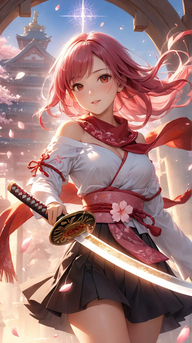 One female(((Cat Person)))((Ponytail))((It has a cat tail))((Large breasts))((Large breasts))(There is movement)kimono((Cherry blossom pattern))(Length)Right hand(Holding a sword)left hand(Holding the sword in the reverse hand)Wind Particle Effects Light Armor Front cut A powerful painting It has depth