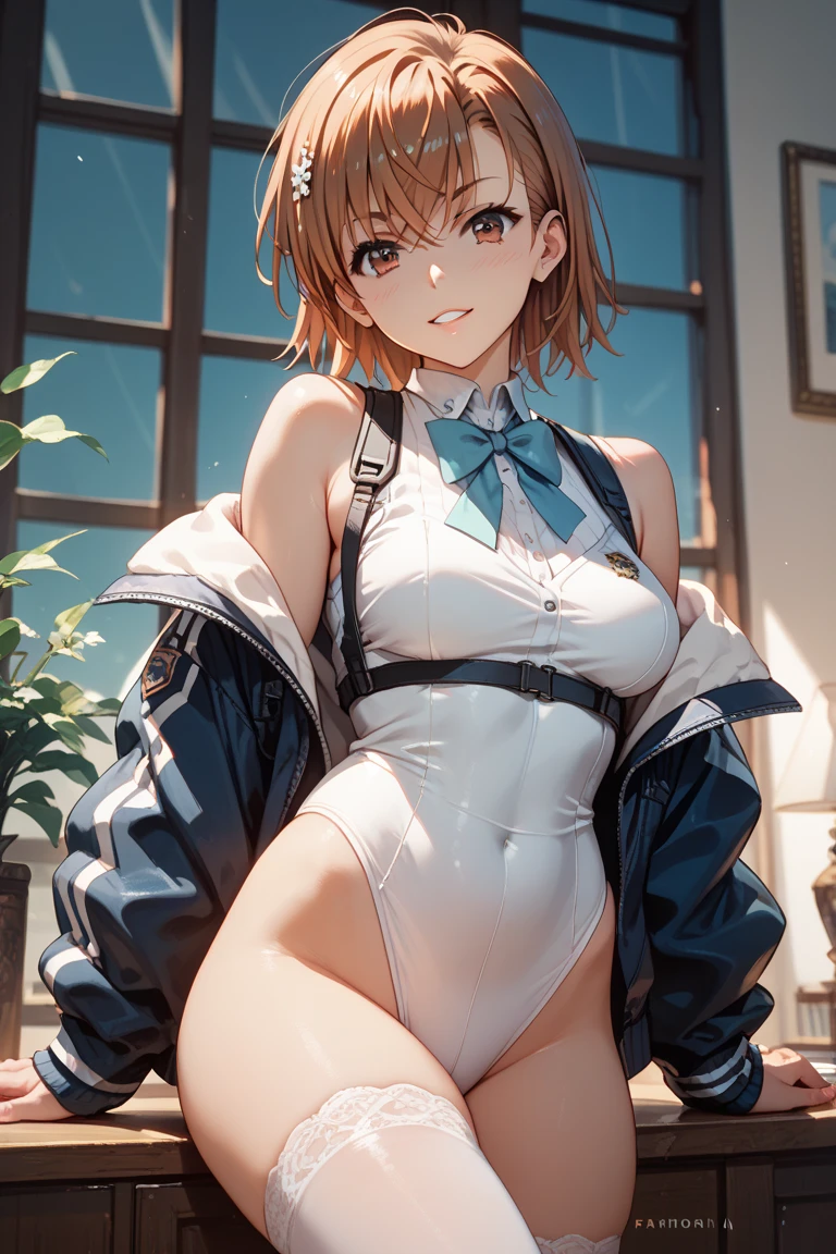 top-quality、Full limbs、complete fingers、Slender beauty、ssmile、Santa Cosplay、Bery short hair、Wearing a school swimsuit、Wear knee-high socks、darkened room、Lean forward and look at me