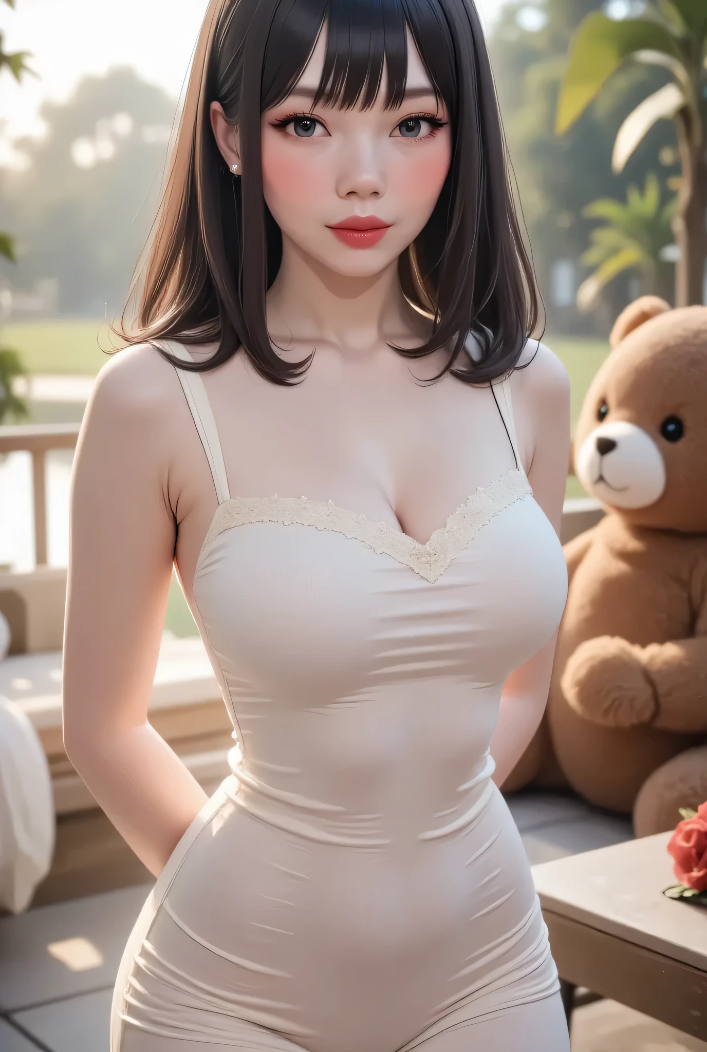 CREATE ANIME CARTOON 3D PHOTO, Cute Small, Visible female panties, front posing, ("Facial expression in Happy big Orgasm"), Both hands lying behind the back, (photorealistic:1.6), background rice paddy. Waktu Senja atmosphere, (((please don't showing any finger!!!))), (TIGA HUGE TEDDY BEAR)), hands behind back, Look from the front you are stupid!, wearing Fully TRANSPARENT cream unbuttoned tight strapless dress. (blink pink eyeshadow & pink eyeliner) PLEASE DON'T PUT ANYTHING ROPE AT MY CLOTHES!!!. BOTH HANDS PLACED BEHIND THE BACK , SILFOE PHOTO. BIMBO LIPS, black hair bang style long straight and ビーチチェアに横たわる ビーチのそば. Sekuntum mawar merah berduri.