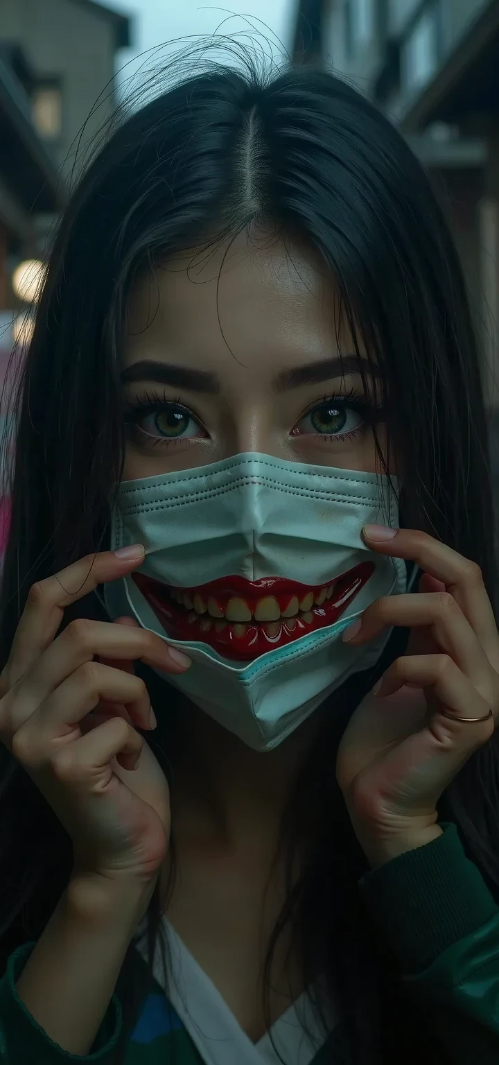 Woman in business suit with scary face and knife in mouth, Park Shin Hye plays a super villain, Fangs of Carnage, snake-face lady, Super villain IU Lee Ji-eun, Pointed mask, Sharp Fangs, Venom Fang, A villain wearing a red demon mask, Shark - human face, Monster Mask, With fangs