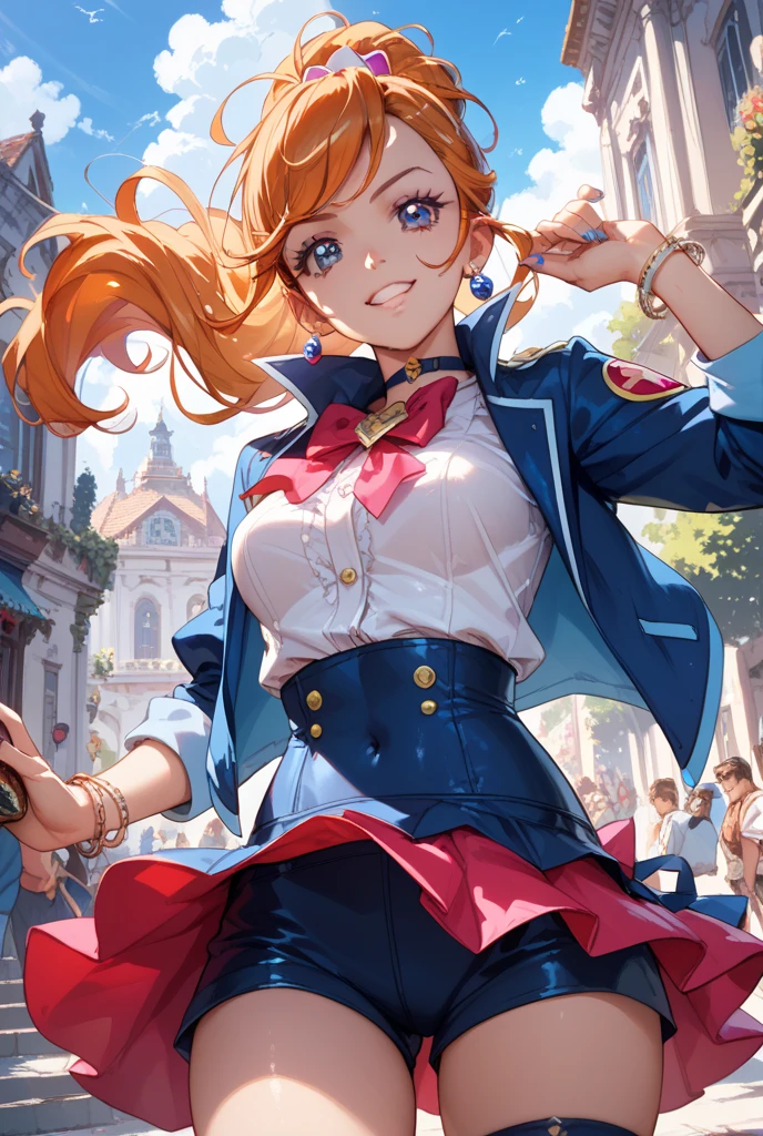Solo, Sumire Yoshizawa (from persona 5, 1female, white skin, Japanese, red eyes, long red hair with bangs and ponytail, small breasts, glasses), anime), ((ecchi, lewd)) sunny day, photo from behind,, (masterpiece, best quality, 8k, sharp focus, depth of field, best shadows, perfect lights, HDR, realistic skin texture, hyper detailed background), tight wet collegiate uniform,  panties, sunny day, happy, japan, city lake