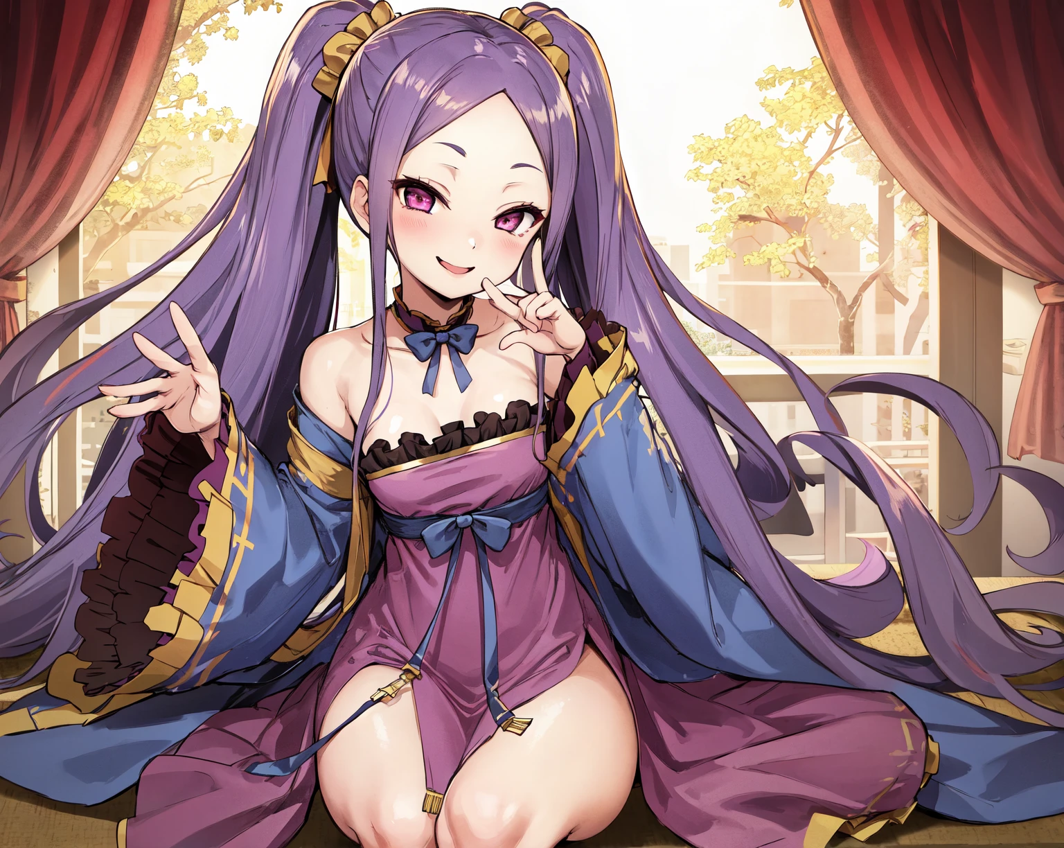 masterpiece, best quality, highres, wz1, twintails, large breasts, forehead, hanfu, wide sleeves, sash, bare shoulders, long sleeves, bow, purple dress, shawl, <lora:wu_zetian_(fate)_v1:0.7>, standing, cowboy shot, smile,
