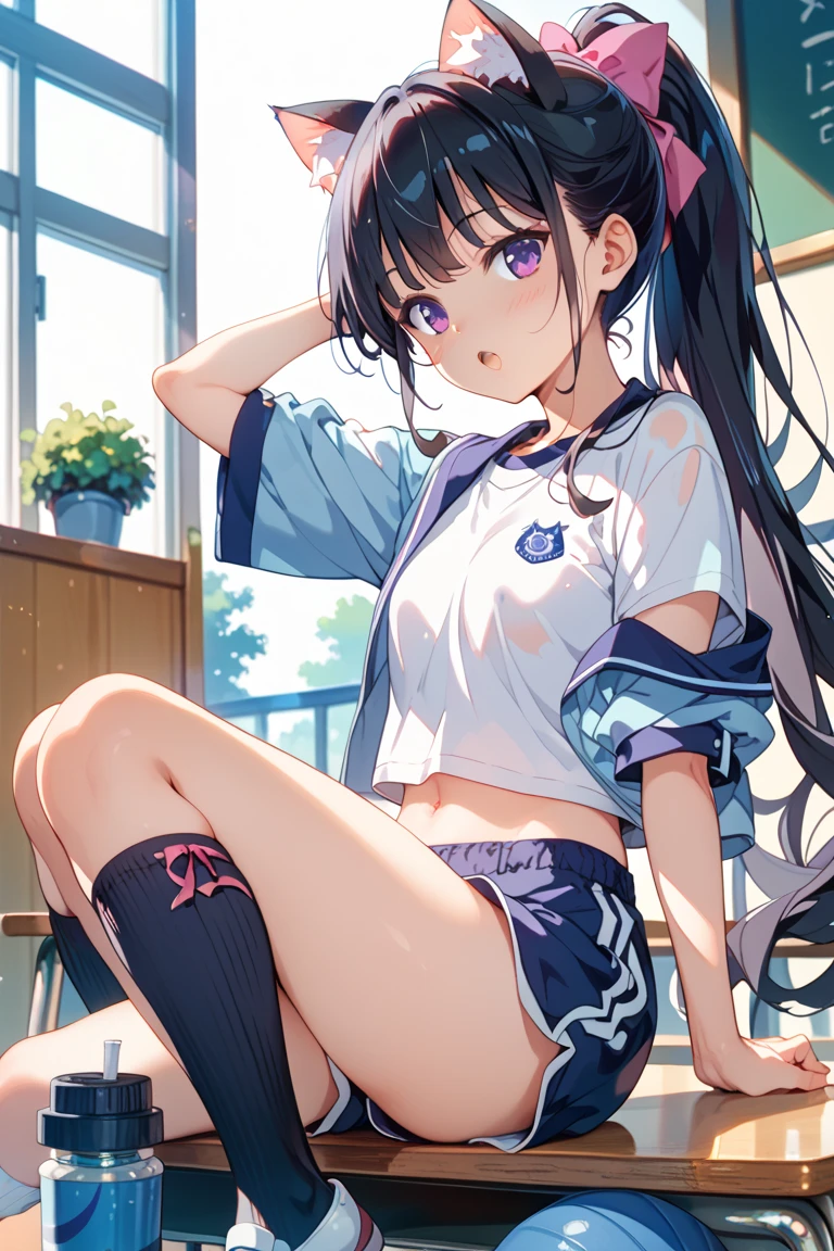 Kanaotsu Yuri, Kanao Tsuyuri, black hair, butterfly, butterfly hair ornament, (purple eyes:1.1), side ponytail, ponytail, 
(White short-sleeved gym clothes with navy blue cuffs、navy blue bloomers)、barefoot、dark blue socks、big smile、school building、ground、schoolyard、sexy pose,
break looking at viewer,
break indoors, classroom,
break (masterpiece:1.2), highest quality, High resolution, unity 8k wallpaper, (figure:0.8), (beautiful and fine eyes:1.6), highly detailed face, perfect lighting, Very detailed CG, (perfect hands, perfect anatomy),