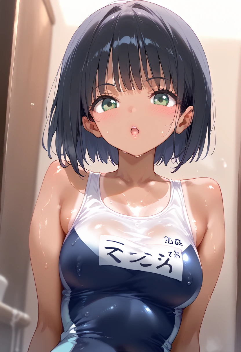 (Solo boy:1.3),fullbody,messy hair,(disappointed:1.3),embarrassed,(tears:1.3),show teeth,masterpiece, Highest quality, High resolution, remu Suzumori,short bob cut hair,tight designed ultra Highcut blue White border stripe lingerie, (flat chest:1.3),Detailed face,oily shine skin,(at public Restroom:1.1),bulge penis inside Panties,
