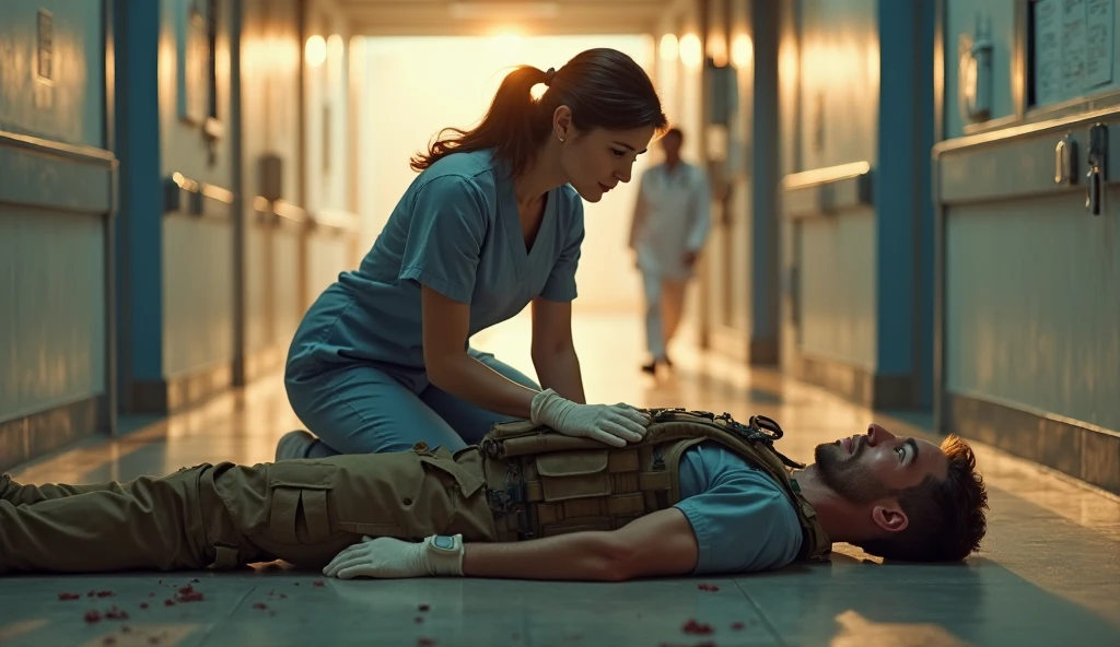 military soldier, Bblack hair, black skin color, He's hurt, a nurse is dressing him