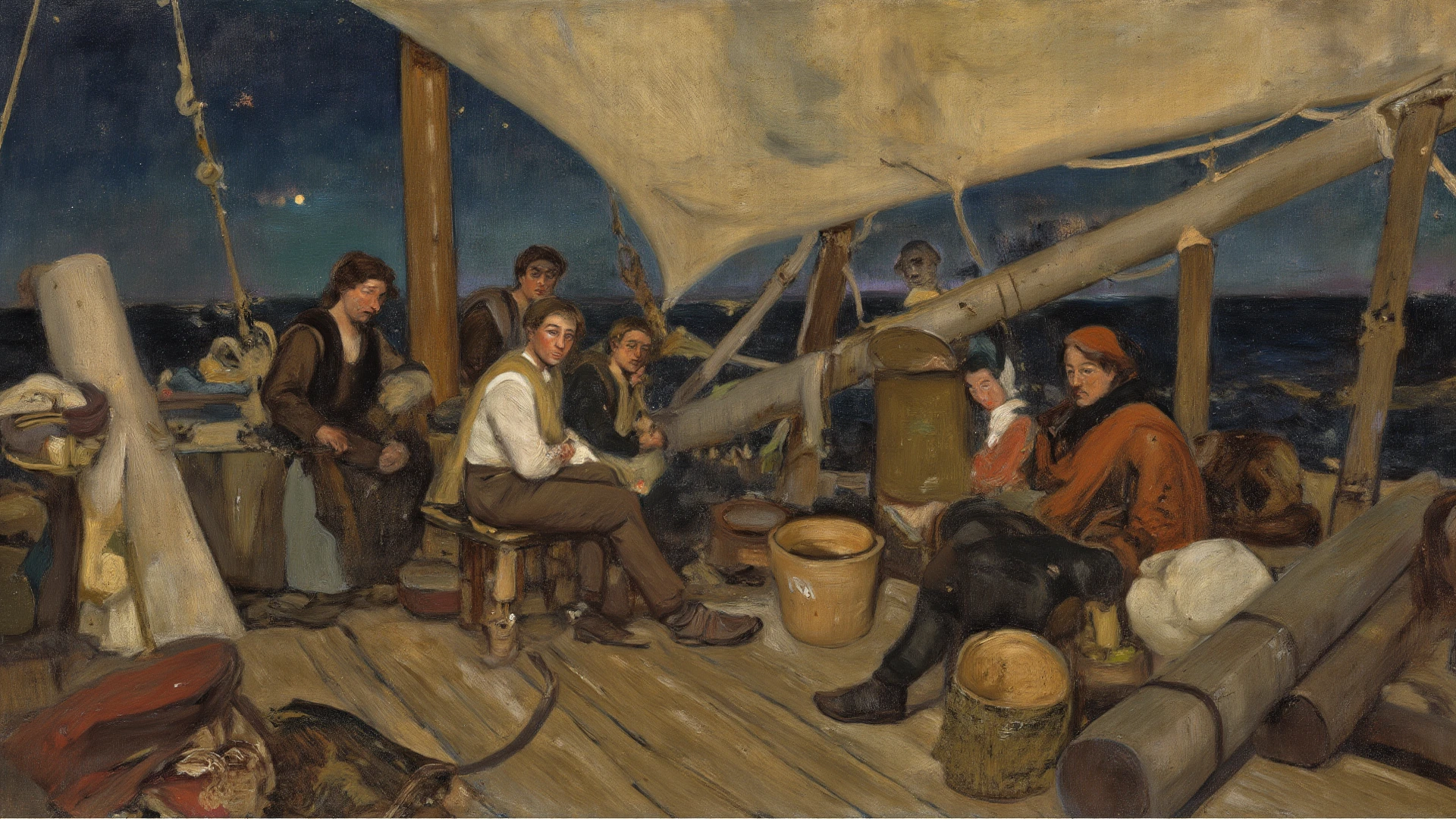 Painting of three men sitting on the sand with beautiful girls and food and bottles, against the backdrop of the summer sea in the holiday season by Karl Spitzweg. sharp focus, Vasily Perov, Russian academic painting, Shishkin, Savrasov, Caspar Wolf, Hubert von Herkomer, Wilhelm Kühn, inspired by Vladislav Chahorsky
