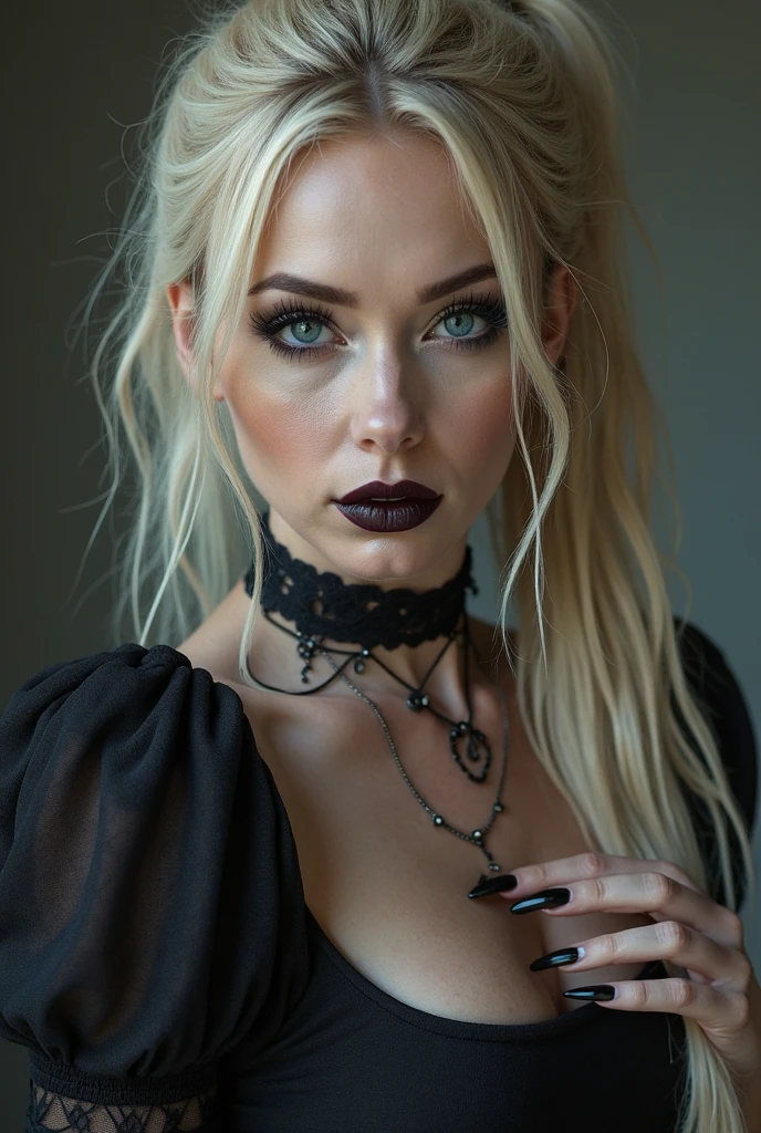 ((face portrait, face close up, shot in the face)) ((sexual, tall and very beautiful Russian supermodel)) ((dark eye shadow makeup)) ((bright red lipstick)) ((very pale skin)) ((seductive look, seductive smile)) ((large bright light blue eyes)) ((very long straight white hair)) ((huge breasts:1.6)) ((wears a black strapless corset with a hood)) ((necklace)) ((Gothic, dark fantasy)) ((a high resolution:1.5), ((dark ambient)) ((Pale Lights)) ((masterpiece:1.5))((8 K:1.7)) ((Best quality:1.4)), more_details:-1, more_details:0, more_details:0.5, more_details:1, more_details:1.5,