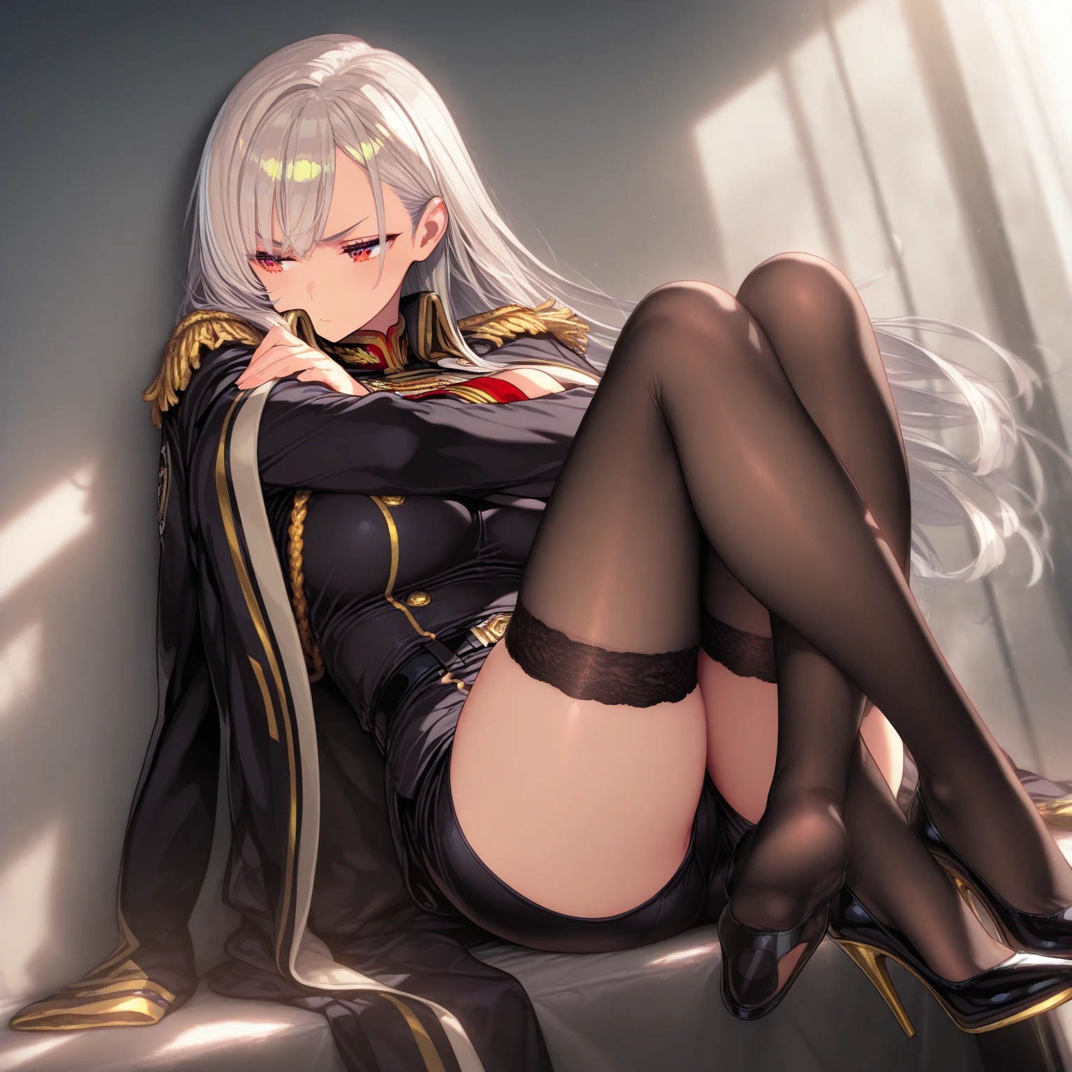 masterpiece,best quality,hyper extreme detailed,beautiful detailed eyes,nai3,<lora:EularA:1>,fangxiang cuoluan,blue archive,makoto \(blue archive\),1girl,alcohol,belt,black belt,black coat,black footwear,black headwear,black horns,black jacket,black necktie,boots,breasts,closed mouth,coat,coat on shoulders,collared shirt,cross-laced footwear,cup,demon horns,drinking glass,gloves,gradient horns,green eyes,grey hair,hair over one eye,halo,hand on own cheek,hand on own face,hat,head rest,high heel boots,high heels,holding,holding cup,horns,jacket,knees up,lace-up boots,legs,light smile,long hair,long sleeves,looking at viewer,medium breasts,military jacket,military uniform,multicolored horns,multiple horns,necktie,one eye covered,panties,panties under pantyhose,pantyhose,pantyshot,peaked cap,pointy ears,red horns,shadow,shirt,simple background,sitting,solo,thighs,underwear,uniform,white background,white gloves,white shirt,wine,wine glass,