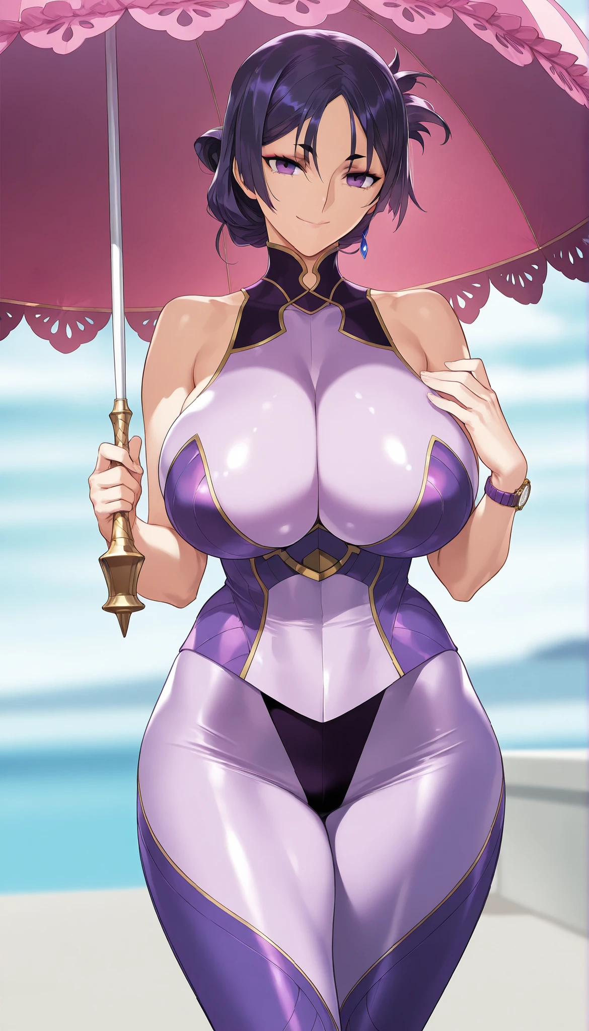 (masterpiece, best quality, ultra-detailed, high resolution, detailed eyes), takeda hiromitsu style, 1woman(40 years old), large breasts, voluptuous body, looking at viewer, cowboy shot, standing, private clothes, makeup, long side braid