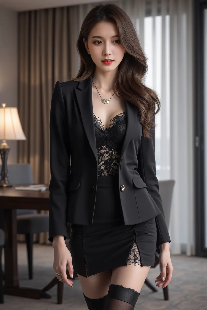 disorganized, RAW photo, very delicate and beautiful, masterpiece, highest quality, ultra high resolution, 16k, surreal, super detailed, perfect anatomy, super dense skin, perfect figure, Highly detailed CG 8k wallpaper, 20's, very slim body, (tight waist:1.2), very small head, very small face, delicate features, tearful mole, mole on chest, earrings, thin legs, (very huge round breasts:1.3), (full body shot:1.3), short middle hair, wavy hair, (business lady suit:1.3), (Jacket:1.1), skirt, (barefoot:1.1), (blouse:1.3),