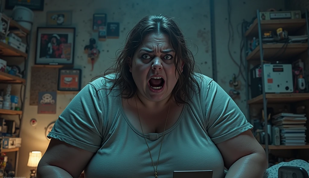 An elderly woman aged 65, with an easy, suffering expression and strong features, with an obese body weighing 65 kilos, 167 centimeters tall, thick legs and very large, saggy breasts, with long black hair. She is wearing prescription glasses, a transparent red lingerie and flip-flops. She is seen in full body as she bends down to pick up a small object from the floor in a humble room at night with the lighting dimmed..