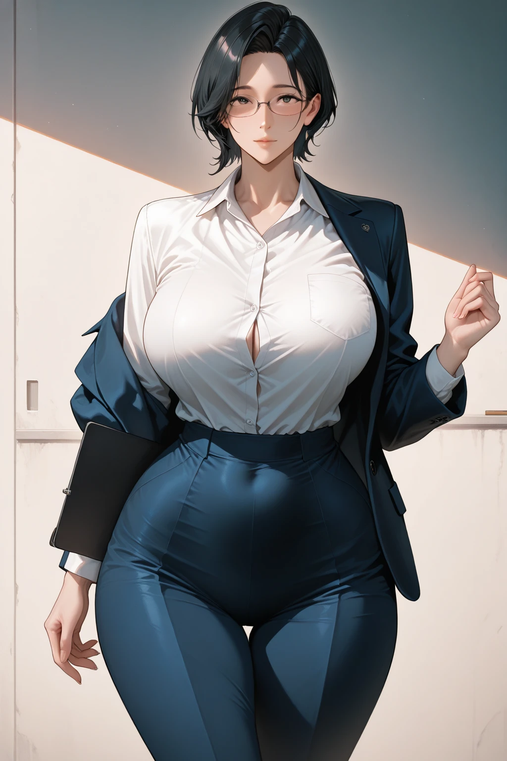 purple hair short hair Glasses white blouse black tight skirt stockings (lanyard id card) 50 years old red rouge plump lips round face Plump Eyes meet rooftop of a skyscraper sunset Female President A secret meeting with a secret lover