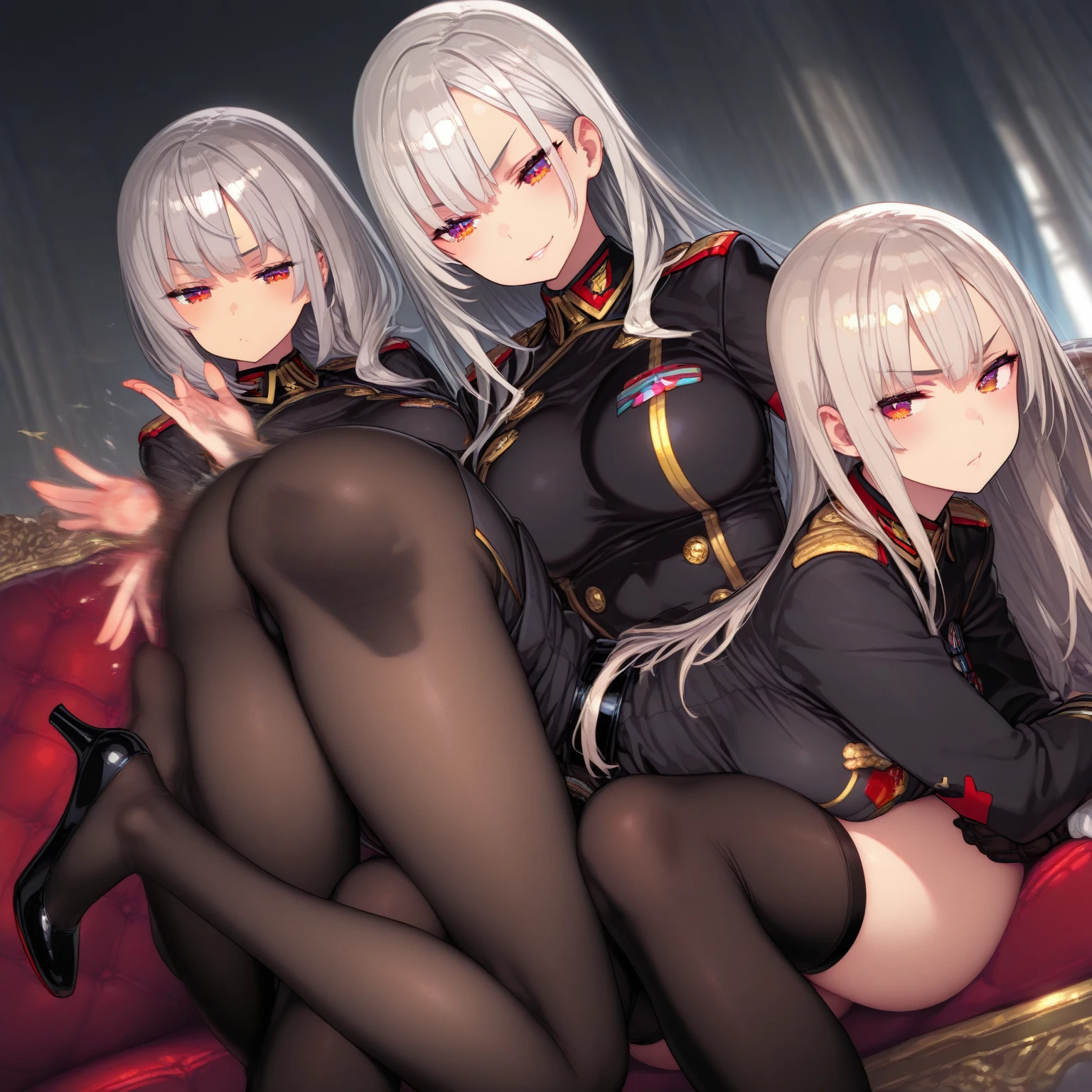 (3heads:1.6), 1girl, white hair, smug, bratty, red eyes, short, small boobs, (black dress), black shoes with red ribbon, black gloves, skull pin in hair, tie, (red bow in hair), different expressions, looking at viewer, evil smile, bratty, teeth, (long hair:1.4), bare legs, beautiful girl, graceful, (wide hips), (thick thighs), sitting, legs crossed, (flipping off viewer), beautiful background, (office)