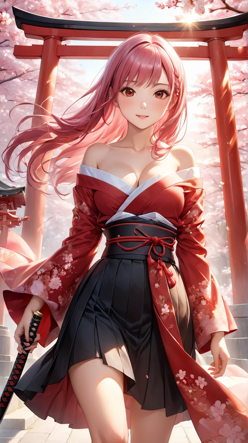 (Masterpiece, Excellent, 1girl, solo, complex details, color difference), realism, ((medium breath)), off-the-shoulders, big breasts, sexy, Yae Miko, long pink hair, red headdress, red highlight, hair above one eye, green eyes, earrings, sharp eyes, perfectly symmetrical figure, choker, neon shirt, open jacket, turtleneck sweater, against the wall, brick wall, graffiti, dim lighting, alley, looking at the audience, ((mean, seductive, charming)), ((cherry blossom background ))),((Japanese temple background)))), (((Glow-in-the-dark background)))
