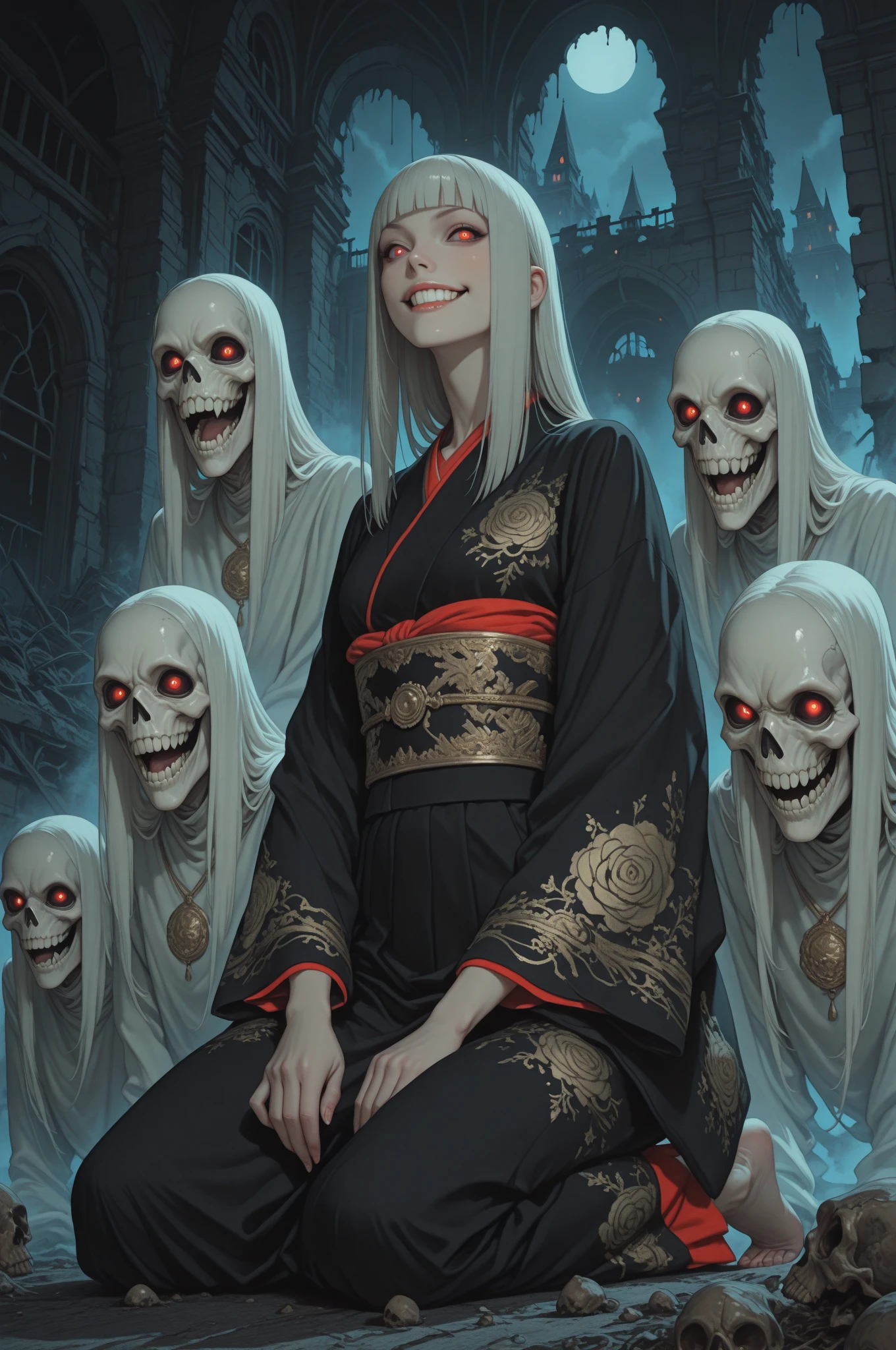 ((festival)), Outline warm color, ((Jump scares)), scribble, nightmare, Doll-like face, Manga style, rough sketch, Horror elements, (masterpiece), (High resolution), (Very delicate), (clear), Comic style illustration, (drawing style), warm color, (Horror elements), Japanese painting, whole body, Appear, angle, (snap shot), Bugaboo, that'terrible, (Spooky), Japan sculpture, primitive art, old picture scroll style, old staging, Ancient mural style, crazy illustration, antique, Dark atmosphere, Flat Illustration, Crazy Smile, Spookyな外観, Characteristic hairstyle, creative accessories, Unique atmosphere