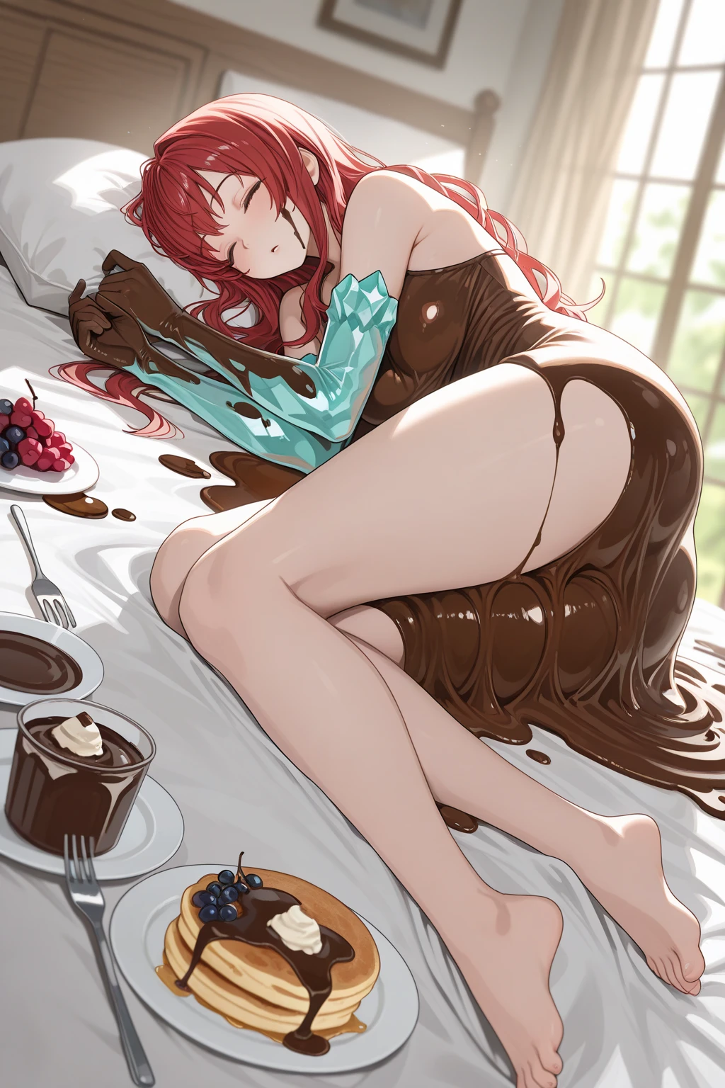 very intricate,,super resolution shading,Natural Color,Core Shadow,1girl in,,(((Melting chocolate))),Red-haired、poneyTail,huge-breasted、fullbody image、Skinny Legs、NAKED Apron