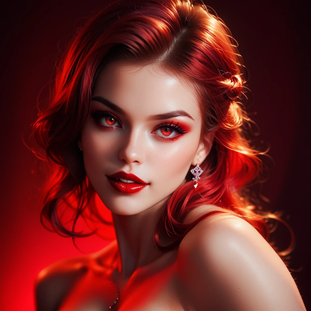 extremely detailed photo of a woman, loraelizabeth, scarlet witch, avengers, wearing a black lace dress, open red leather jacket, 8k hd, Raw photo, model photo shoot(work of art, best qualityer), ((1 girl, (mature woman) long hair), (star-shaped pupils, +_+, symbol-shaped pupils, glare eyes), (Cat's ears, open your mouth open)), (looking ahead at viewer, drlight smile, Off The Shoulder), (abstrato, multi-colored background, abstrato background, Chromatic aberration), vampyre, blood in The face, blood on clothes, bat wings