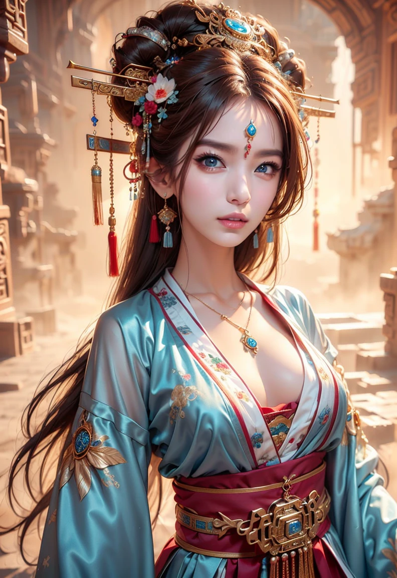 Hiding in the tomb、Hair flow、 ((highest quality、masterpiece、8k、Best image quality、Ultra-high resolution、Award-winning works)、(Accurate anatomy:1.1)、(Look at me and smile:1.1)、Shining fair skin with Ultra-high resolution、The most detailed face、Ultra-high resolution detailed face、Ultra-high resolutionの髪の毛、(Ultra-high resolutionの煌めく瞳:1.1)、Beautiful face drawn in every detail、Ancient Greek Clothing, Chest to chest, tattoo, Old ruins in the background、Ghosts around her