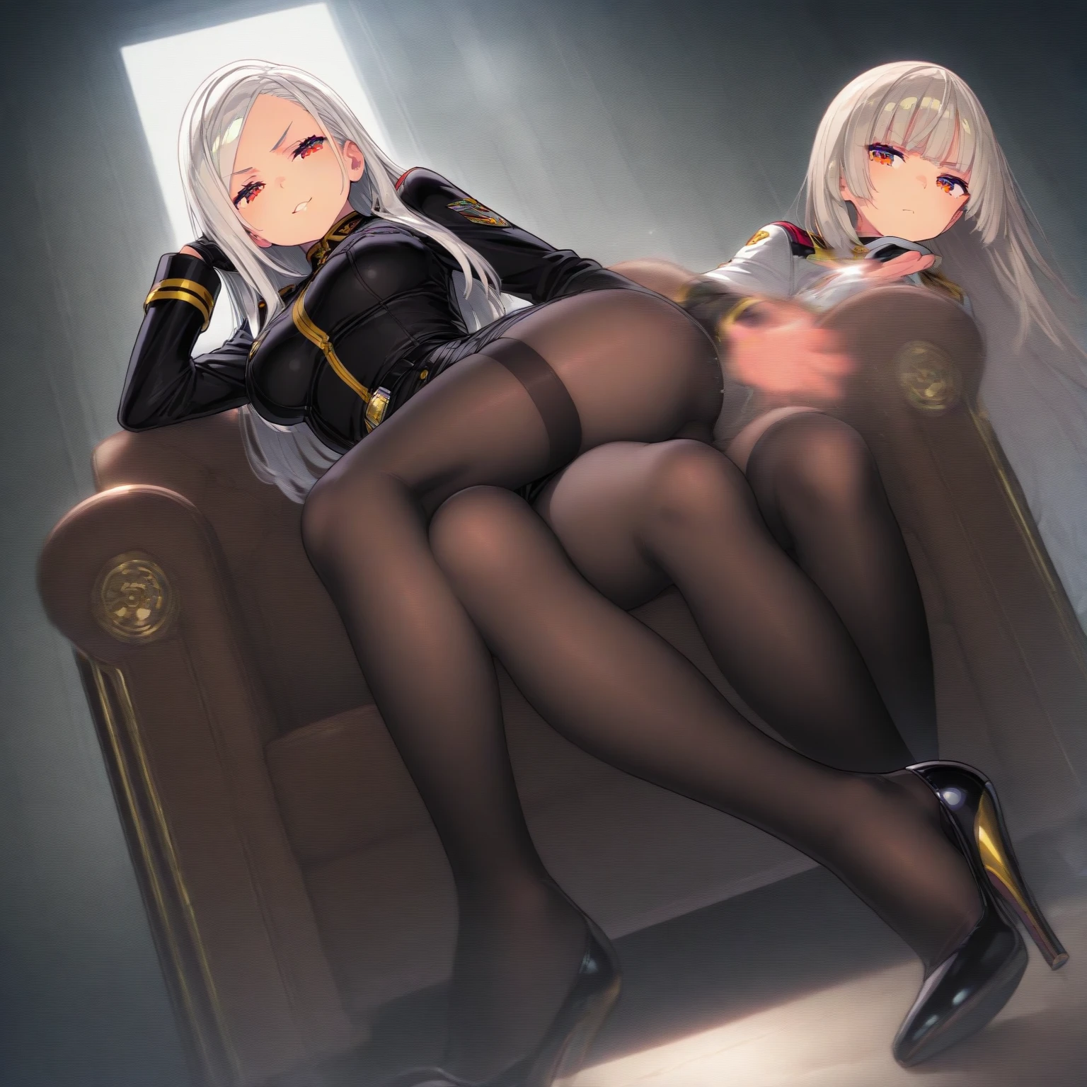 Full body view, ((solo three girls,
Physical Appearance Cerberus: Cast of Helltaker, a short demon girl with pale skin, red irises, a black arrowhead tail, and silver-white hair. Depicted as 3 girls instead of 1, they have white canine ears emerging from under their hair on top of their heads. They also have small fang-like canine teeth present in their mouths. He wears more form-fitting clothing, wearing long-sleeved red button-up shirts under black-striped suit vests and black skinny suit pants. They wear black cuffs over their red shirts just below the shoulder, as well as black gloves and black ties tucked under their vests. Their tails seem to emerge from under their vests and over their pants. Rear side solar lighting))