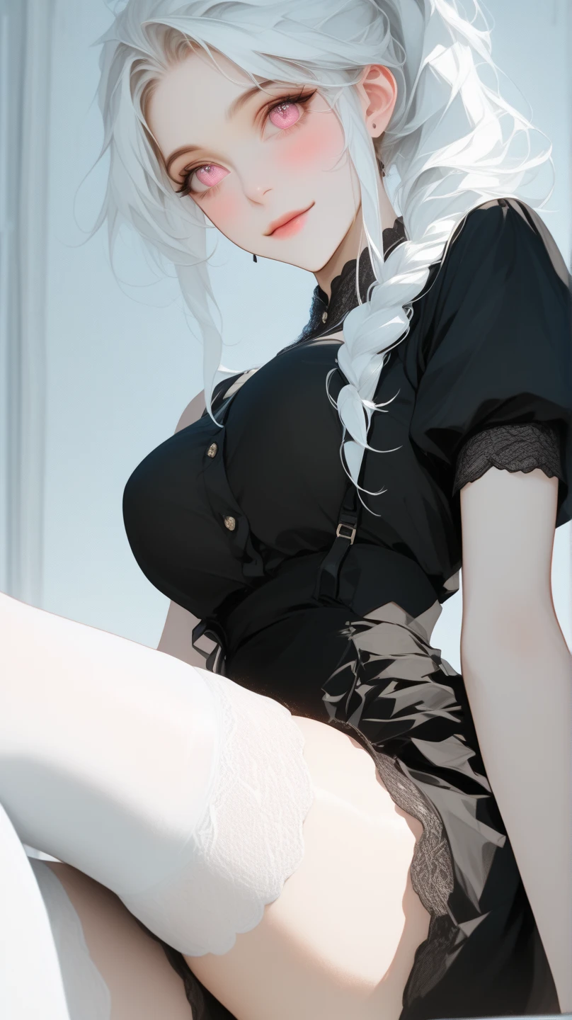 (RAW photo, best quality), (realistic, photo-realistic:1.3), masterpiece, an extremely delicate and beautiful, extremely detailed, CG, unity , 2k wallpaper, Amazing, finely detail, light smile, extremely detailed CG unity 8k wallpaper, huge filesize, ultra-detailed, highres, absurdres, soft light, (((medium hair:1.3), short bang, pink hair, floating hair novafrogstyle)), beautiful detailed girl, detailed fingers, extremely detailed eyes and face, beautiful detailed nose, beautiful detailed eyes, long eyelashes, light on face, looking at viewer, (closed mouth:1.2), 1girl, cute, young, mature face, (full body:1.3), ((small breasts)), realistic face, realistic body, beautiful detailed thigh, (ulzzang-6500-v1.1:0.8), business suit, cross-laced clothes, collared shirt, open clothes, in office, detailed office, open cardigan, black thighhighs, miniskirt, black underwear, unbuttoned shirt,