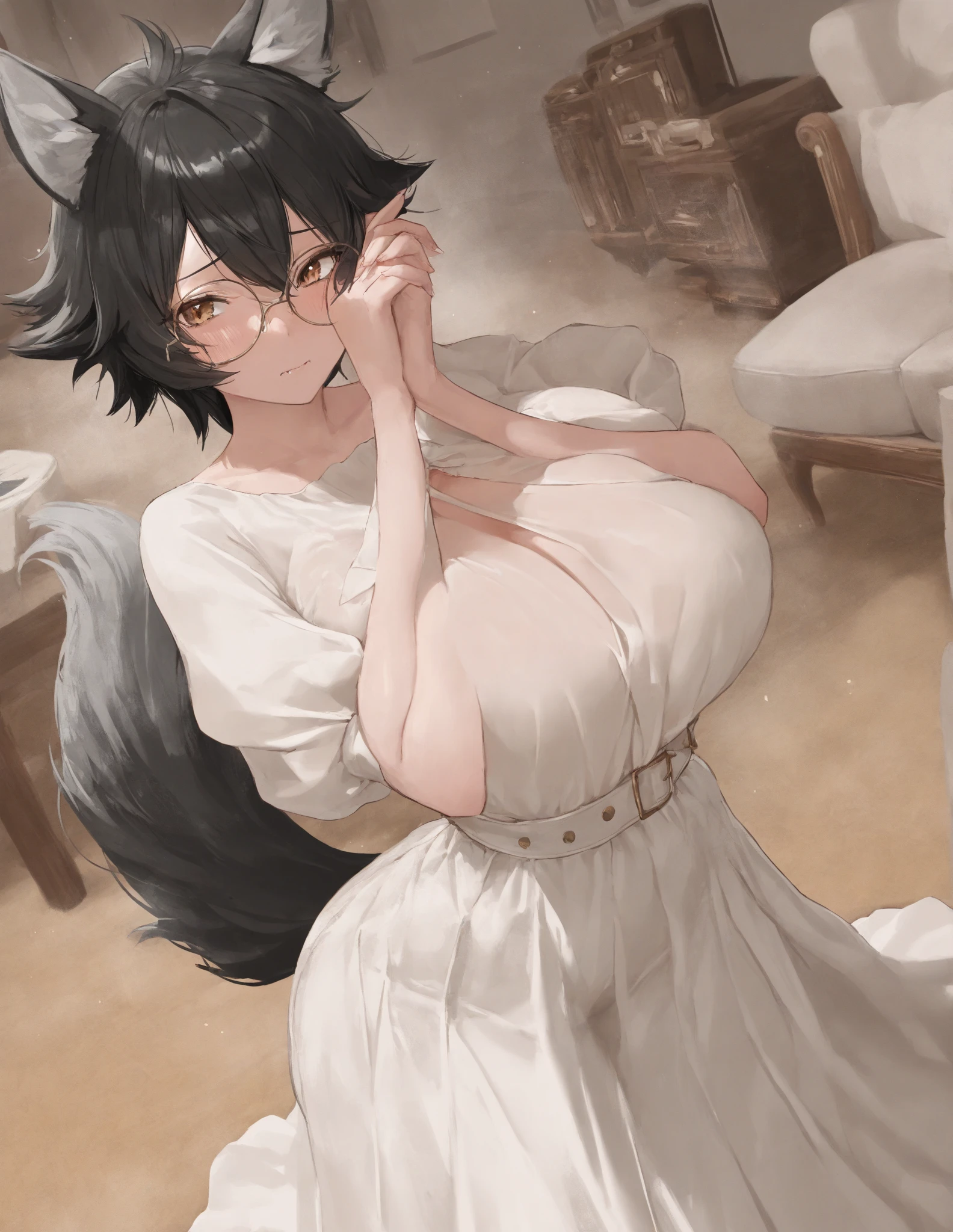 Highest quality, masterpiece, Ultra-high resolution, female、Big Breasts、ugly、Messy Hair、dim impression、Cat Beastman、Grey Kemomimi、rubbish