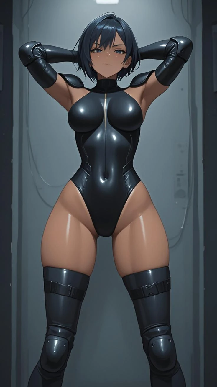 dark fantasy anime illustration of a (mature MILF BIMBO albino skin and short white hair), (FULL BODY) perfect face, wearing tight leather stealth armor, stalking, BIG KNOCKERS CLEAVAGE, lustful smirking smile red blush red cheeks, chain leash, kneeling, shackles, leather black collar slave, ((BLACK background)) hands on glass WITH KNOCKERS on glass, glass window fog water drop, 5 fingers each hand, metal handcuffs, black choker collar, thighhighs, long legs, metal ankle, metal sandals, metal shoulders, standing straight symmetrical against glass