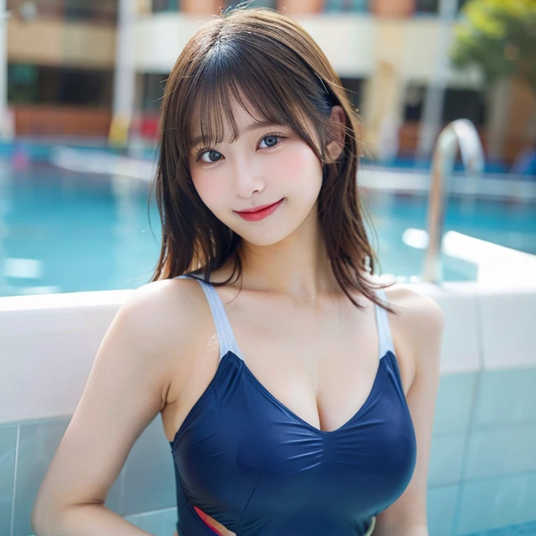 ulzzang-6500-v1.1, (Raw photo:1.2), (Photorealsitic), a beautiful detailed girl, extremely detailed eye and face, beatiful detailed eyes, huge filesize, hight resolution, ighly detailed, top-quality, [​masterpiece:1.6], illustratio, ighly detailed, CG, finely detail, top-quality, 8k wallpaper, Cinematographic lighting, 1girl in, aunty、(35 year old:1.6), perfect body type, Big breasts with tension、【huge tit、heavy breasts、J-Cup:1.9】、Cute drooping eyes、Beautiful big eyes、Sweaty and wet、【sexual excitement:1.6】、(the whole body is wet:1.2)、Light in the eyes、(Japan School Swimwear、Navy blue one-piece swimsuit、Student swimsuit in navy blue Japan:1.3)、(swimming pools:1.2)、(dynamicposes:1.2)