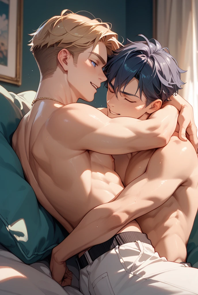 2 boys,male couple,yaoi,with eyes closed, Grinning, a boy with black hair, light blue eyes,and white skin,with name Levi,tall size,A boy with brown hair, e light blue eyes, and white skin, com nome hiki,small tannin,with cute face, cuddling in bed.
