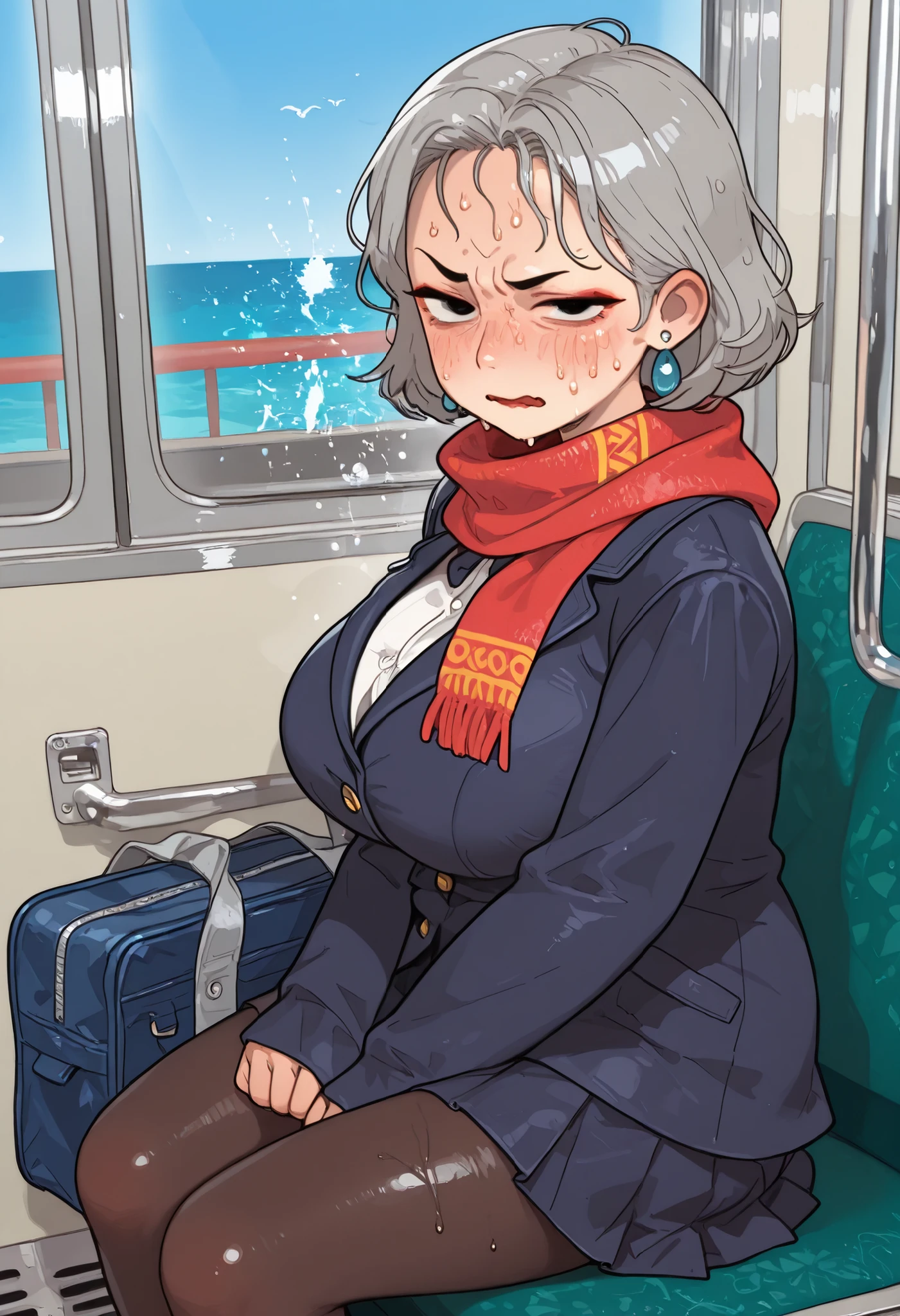 Grandma. gray hair, black eyes, short hair, dark red lips, wrinkles, earrings, makeup, huge saggy breasts, cowboy shot,looking at viewer, masterpiece, best quality, amazing quality, old woman. | (masterpiece), best quality, amazing quality, very aesthetic, high-res image, 8k, hi res,8k, award winning, (sharp focus, intricate, highly detailed), nsfw, sweaty body, sweats sparkles, 1girl, solo, school uniform, sleeves past wrists, scarf, jacket, coat, pantyhose, looking at viewer, bag, school bag, sitting on seat, half-closed eyes, open wavy mouth, (upset, hot, hottest, sweaty face, sweats drop, sweat splash:1.4), from front, from side, from above, looking to viewer, train interior, window, magnificent view, blue sky, ocean view from window, morning, lens flare, particle effect, summer, wind, bird, wind chimes,
