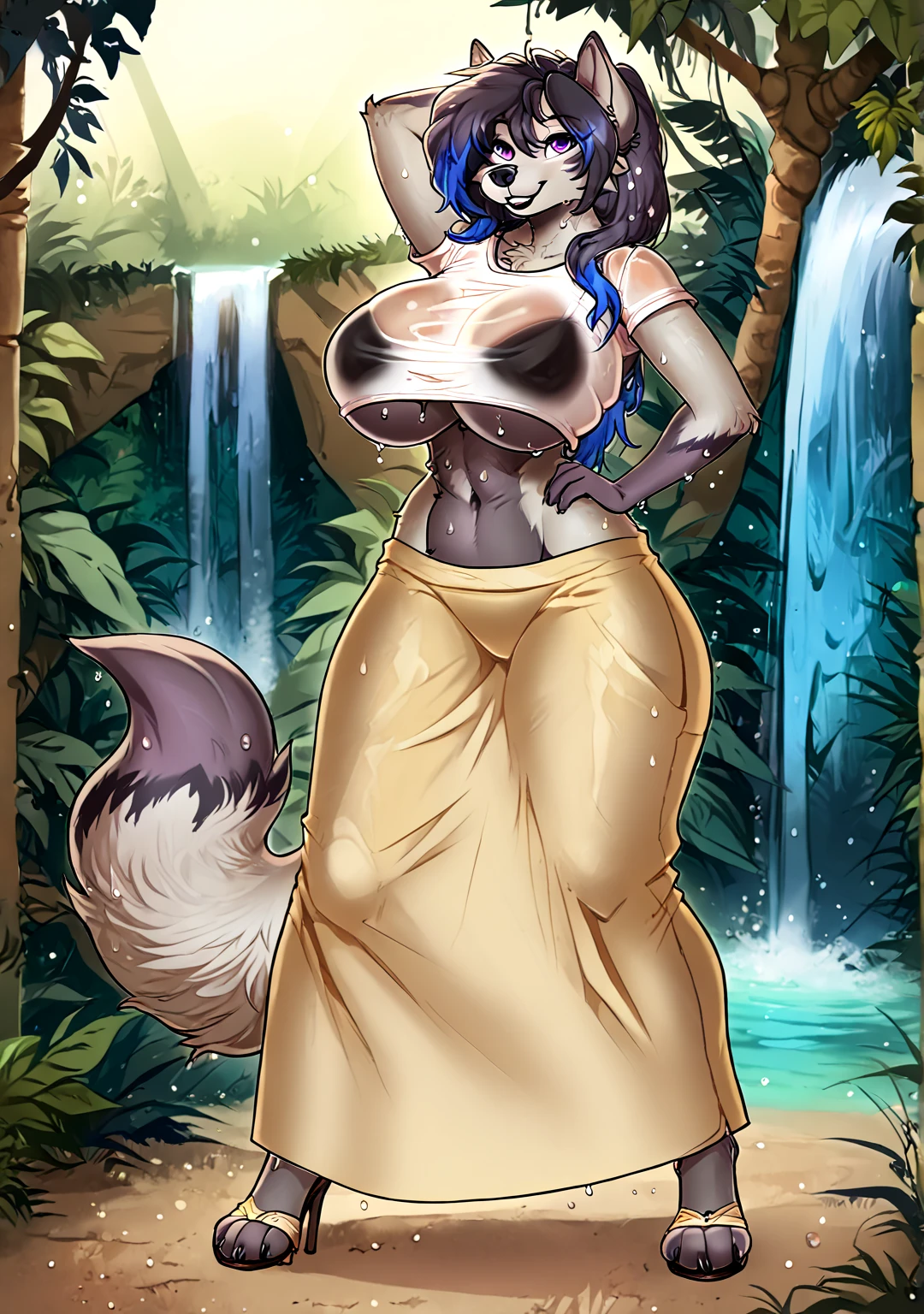score_9, score_8_up, score_7_up, score_6_up, score_5_up, score_4_up, (solo), female anthro hyena, babydoll_dress, lusty, thick body, long black hair, turquoise eyes, (thick thighs:1.5) sexy partial clothes, (barely_visible_booba) (she is standing) , giant breasts
