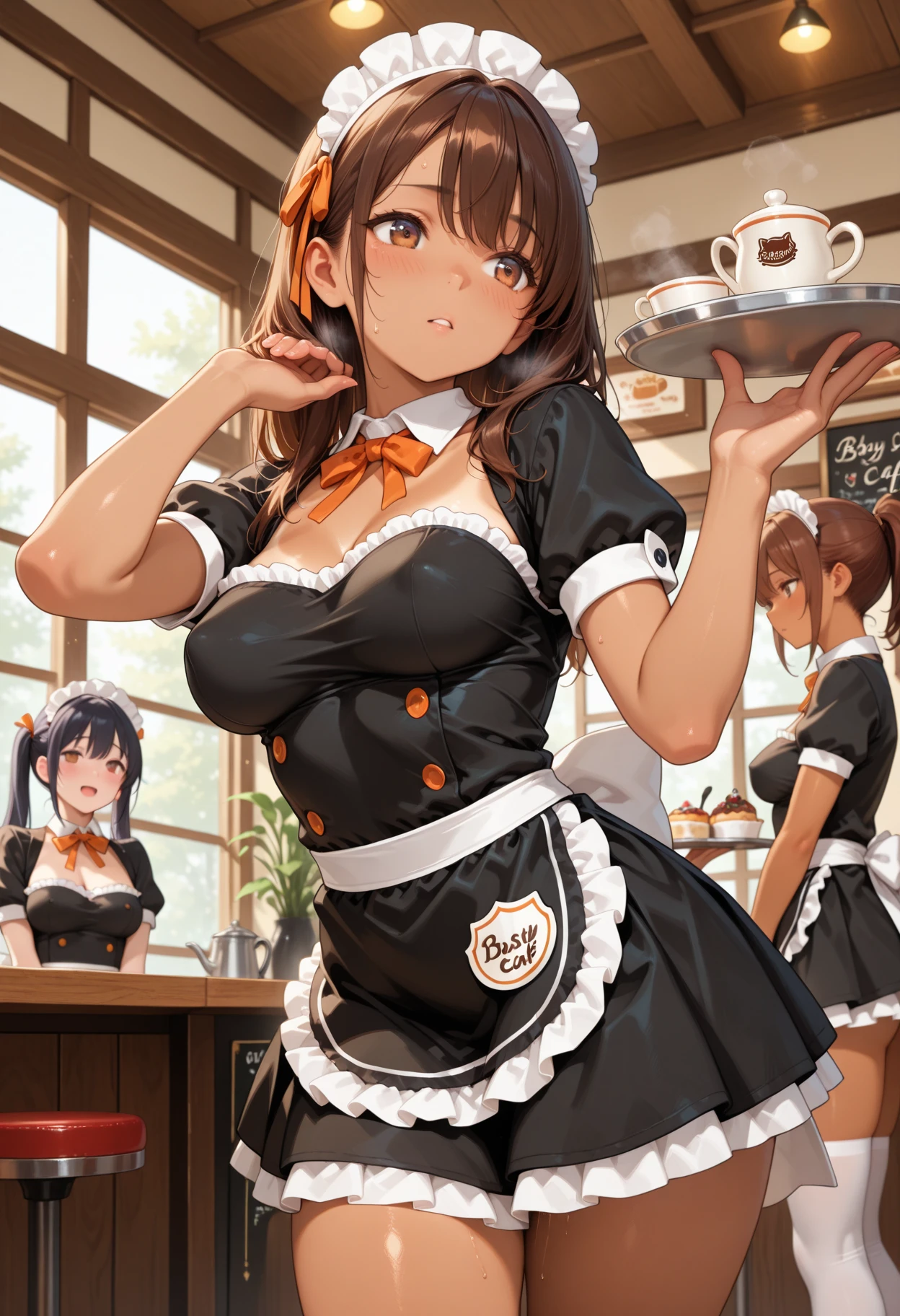 (masterpiece)1 girl, Maki Nishikino、Maid clothes、waitress uniform、highest quality, expressive eyes, perfect face, upper big body, smile, blush, indoor,coffee shop、a lot of people、Day, simple background, lie down, looking for , bright sky, looking for at viewer, stage, moody lighting、very big breasts、cleavage、nipples are transparent、A lot of milk comes out from the nipples、Breast milk squirts out of the nipples、put the chest on the tray、standing position、whole body、mini skirt、Detailed female genital shape clearly visible、Cat ear