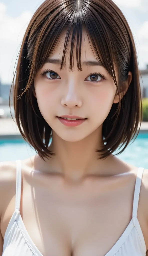 (masutepiece, Best Quality:1.2), Official art, Raw photo, absurderes,, Pretty Face, close up, Upper body, violaceaess, gardeniass, Beautiful Girl, swimming pools、Immersion in water、Looking at Viewer, No makeup, (Smile:1.4), Film grain, chromatic abberation, Sharp Focus, face lights, clear lighting、15yo student、 Detailed face, Short hair、Small breasts:1.4