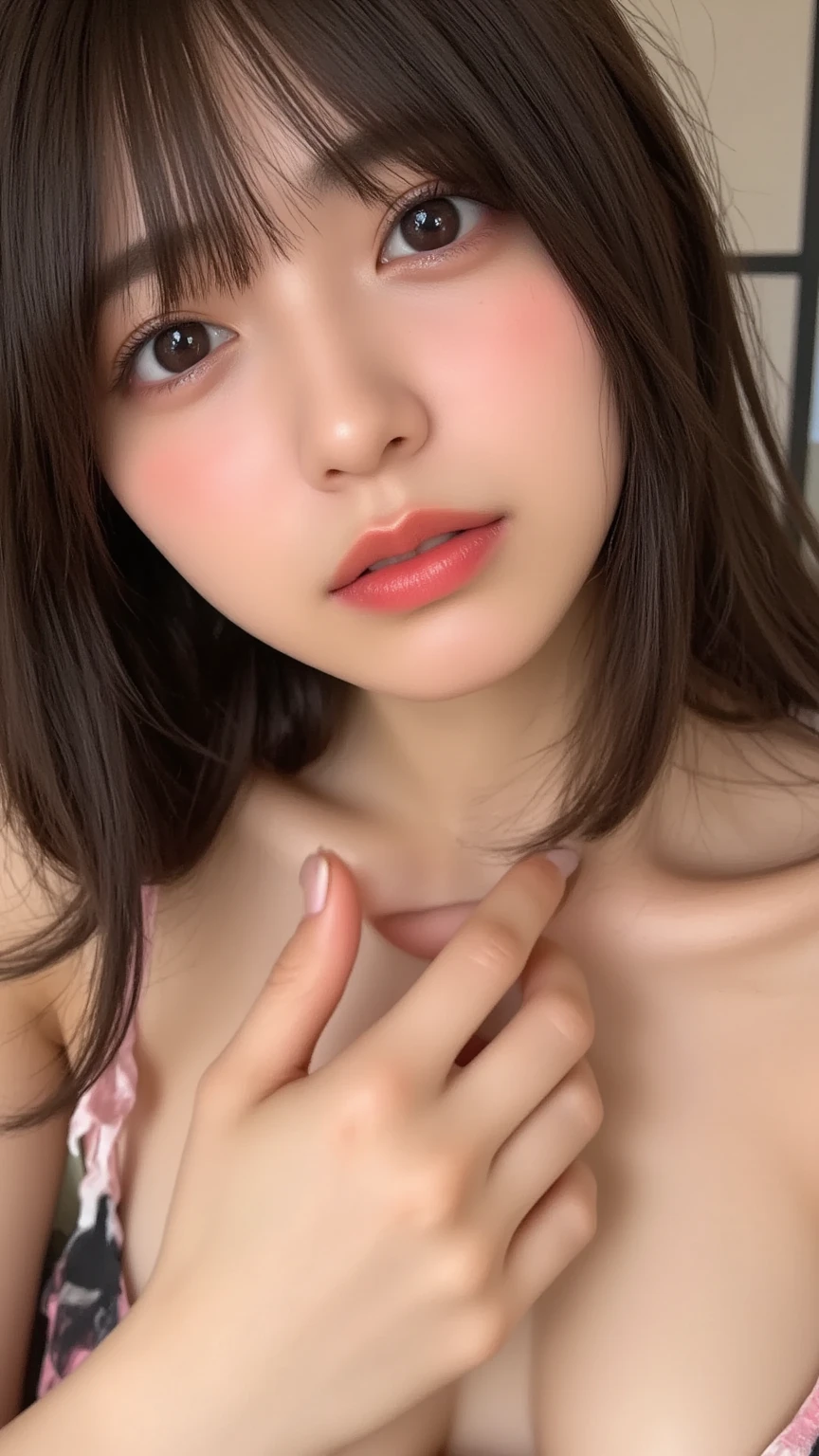 triangle-bikini,(open mouth:1.5),(tongue out:2),lying,hand on own chin,hand to own mouth,overhead shot,front view,face focus,(1girl,Beautiful 14 year old girl,teenager),((Slender,Small breasts,Small face,)),(looking at viewer),Black Hair,bangs,straight,Beautiful and detailed,(Dimly lit room:1.5),White bed,pillow,Mischievous smile
