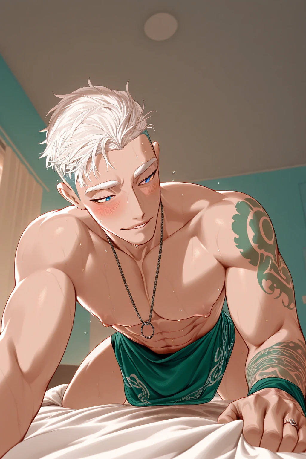 （tmasterpiece，Best quality at best，absurd res），1人，Naked boys，The ，cum shots，little mouth，is shy，Be red in the face，Shy，Shy，There is white stickiness on the body，，musculous，Detailed eyes，nakeness，(nakeness)，eBlue eyes，Bare topless，Upper body body，（fluorescent light），（a color），（（abstract backgrounds））