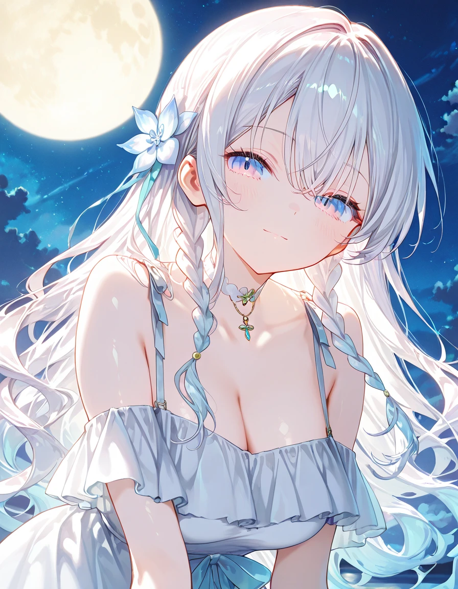 NSFW,masterpiece,Highest quality,High resolution,Very detailed,Girl,Silver Hair,long hair,Golden Eyes,Small breasts,Short height,Angel,wing,dress,In the forest at night,Lakeside,Starry Sky,Bewitching Smile