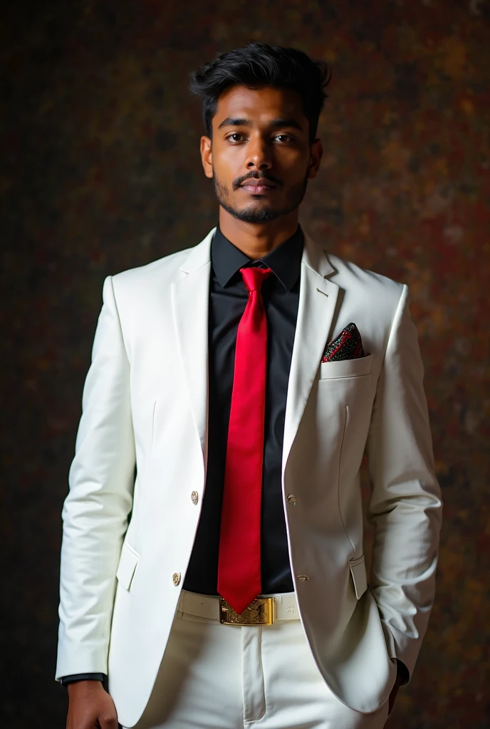 Create a dark-skinned man with short white hair and red eyes