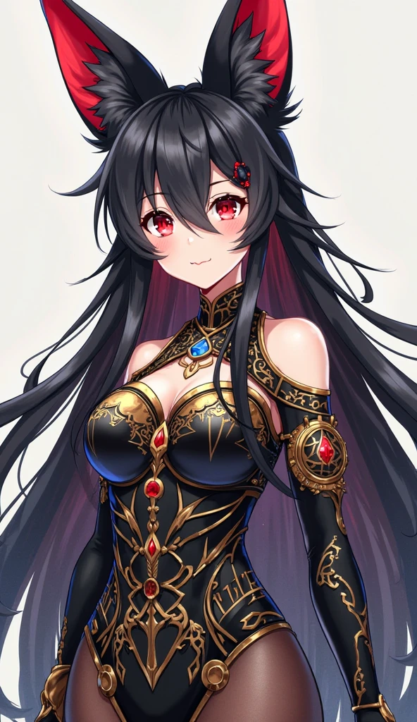 1girl, anime, cute girl, blank background, white background, fantasy, detailed fantasy dress with highlights, beautiful face, beautiful eyes, dark colors, black hair with multicolor streaks, red eye with different color pupil in eye, multicolor eye, medium small breasts (slightly big), slight cleavage, beautiful skin, cute, breast curtains, extremely delicate and beautiful, (beautiful detailed face:1.0), (detailed deep eyes), symmetrical breasts, deep eyes, shiny skin, portrait, slender waist, hips wider than shoulders, thighs, expressionless, young girl, luminous eyes, adorable,(Kpop idol),(aegyo sal:1),(Platinum blonde hair:1),((puffy eye)),Black panty,sexy posture,Superskirt, ultra high resolution,Black collar,slim figure, Abdominal y tattoo, womb tattoo,Tight-fitting leg ring,y tattoo on half-body,Bare skin, Armored hand,Hidden fingertips,Hand covered,Arm covered,Fist covered,{{beautiful detailed fingers}}, tufts of hair, moderate beautiful breast:1.0,(masterpiece:1.2), best quality, high-res, HDR, perfect face, intricate armor, delicate blue filigree, intricate filigree, red metalic parts, detailed part, dynamic pose, dynamic lights,
