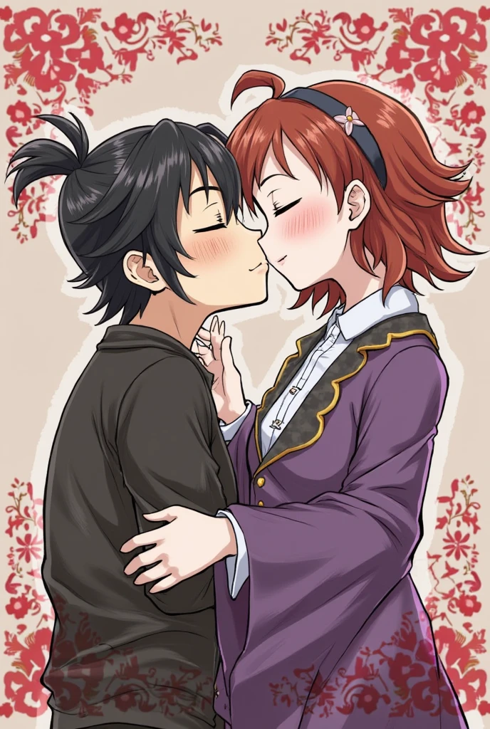 , 1girl, 1boy (tanjiro kamado, red hair, red eyes, checkered haori black/green), standing, against wall, vaginal, breasts, open chest, kanao tsuyuri (demon slayer), purple eyes, black hair, butterfly hair ornament, demon slayer corps uniform,, side view,upskirt, kissing
