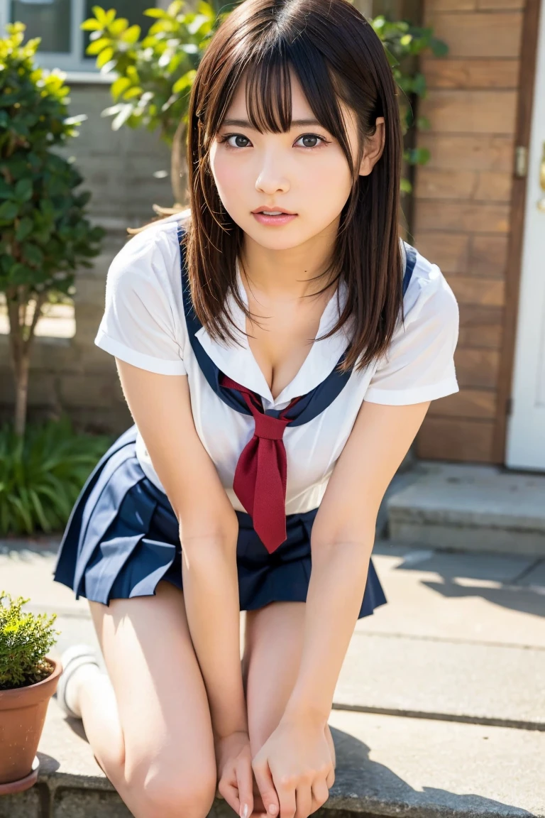 Woman in short skirt and tie, thong,(Cute Schoolgirl), (a hyper realistic schoolgirl) ,pierce and neckless, School Girl , wearing skirt and high socks, wearing skirt, Wearing white shirt school uniform, side-strap thong white panties, High school girl posing, (white background:1.3),BREAK , 1 girl, solo, show skin, cleavage ,extremely beautiful lady squatting,(looking down at viewer:1.2), (dynamic angle:1.2), busty, nipples, intricate details, athletic and fit body, naughty, slutty, perfect hands, detailed hands, perfect eyes, detailed eyes,(serious:1.1),(gyaru:1.2), (tanned skin:1.5), (dynamic pose) ,(hime_cut blonde Nadia:1.6),(wind:1.45), realistic, HDR, UHD, dynamic,(colorful) , blooming light effect, nsfw,