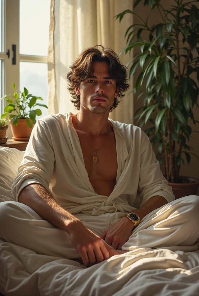 (photorealism:1.2), beautiful man, sitting on bed, wearing loose ofender top, pajama pants, curly hair, indoors, soft lighting, plants in background, window with sunlight, cozy room, relaxed pose, realistic, intricate details, warm colors, by Greg Rutkowski, by Alphonse Mucha