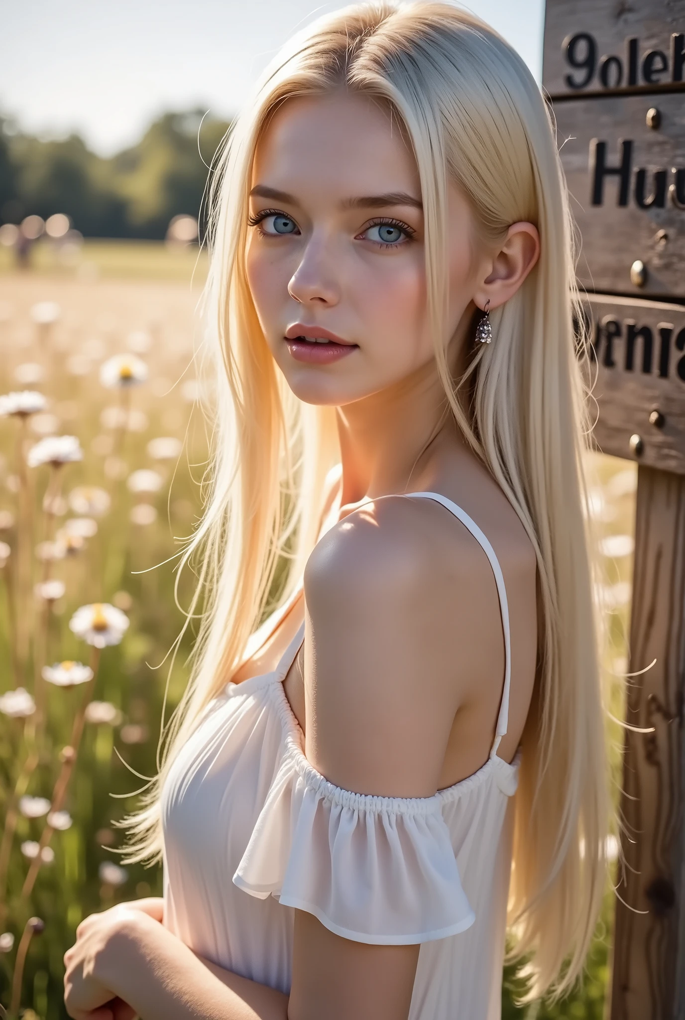 A luminous editorial-style portrait photograph of a stunningly beautiful 19-year-old Latvian woman with fair, bright skin and long, light-blonde hair cascading over her shoulders. Her striking blue eyes are accentuated by natural soft makeup, and she wears a flowing light summer dress, her pose relaxed and elegant as she gazes gently towards the viewer. Bathed in the warm, golden light of the European countryside, she stands amidst a field of swaying wildflowers, creating a soft and dreamlike bokeh in the background. The scene is captured with a Canon EOS R5, f/1.8, 50mm lens, producing a shallow depth of field that highlights "Golden Hour Serenity" subtly etched onto a weathered wooden sign nearby.