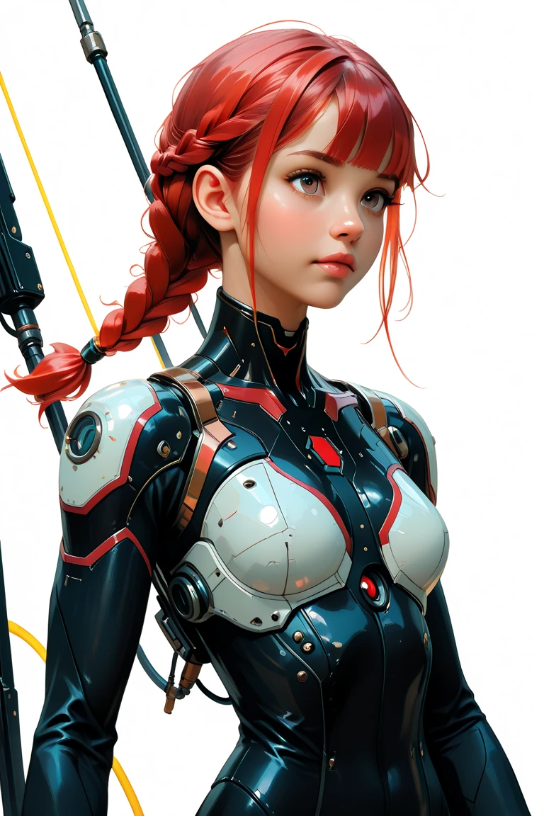 ((best qualityer)), ((Perfect masterpiece)), (detailded: 1.4), (absurdrez), (((predominant red in clothes))), (((whole body hard, corpo fitness, neckline showing part of the breasts)), (((woman with colored hair, blushful, pouting))), 21 year old woman, beautiful sexy woman, giant robot pilot, wild with perfect corpo fitness, wearing small mecha battle armor clothes, tiny thong, Simon Bisley styled for the cover of Heavy Metal magazine, clothing with Japanese cyberpunk graphic patterns, Halftone pattern and vertical stripes, earth tone, exiting the body of a giant robot